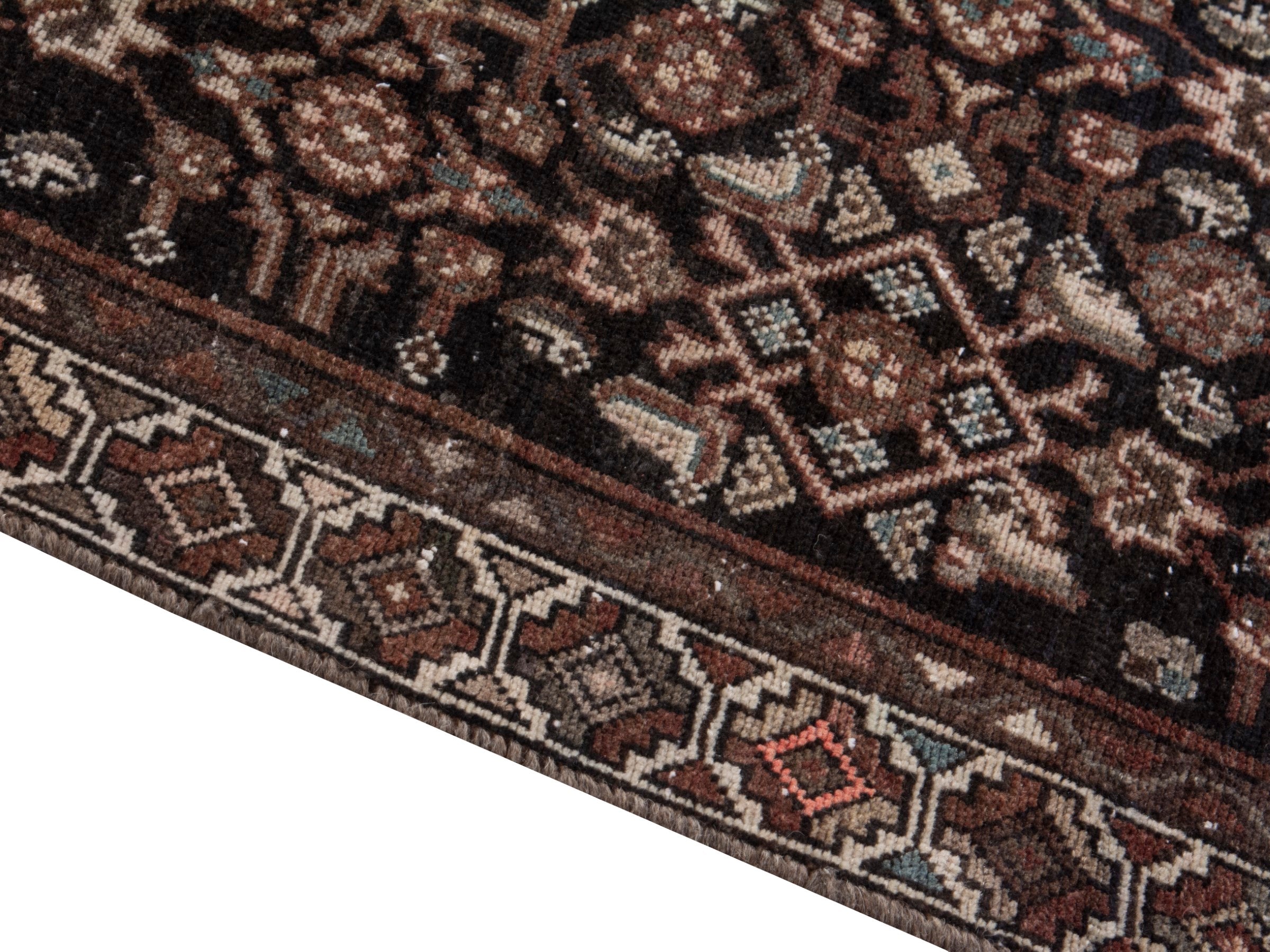 Persian Hamedan runner rug in burgundy and antique gold, view 8 of 17