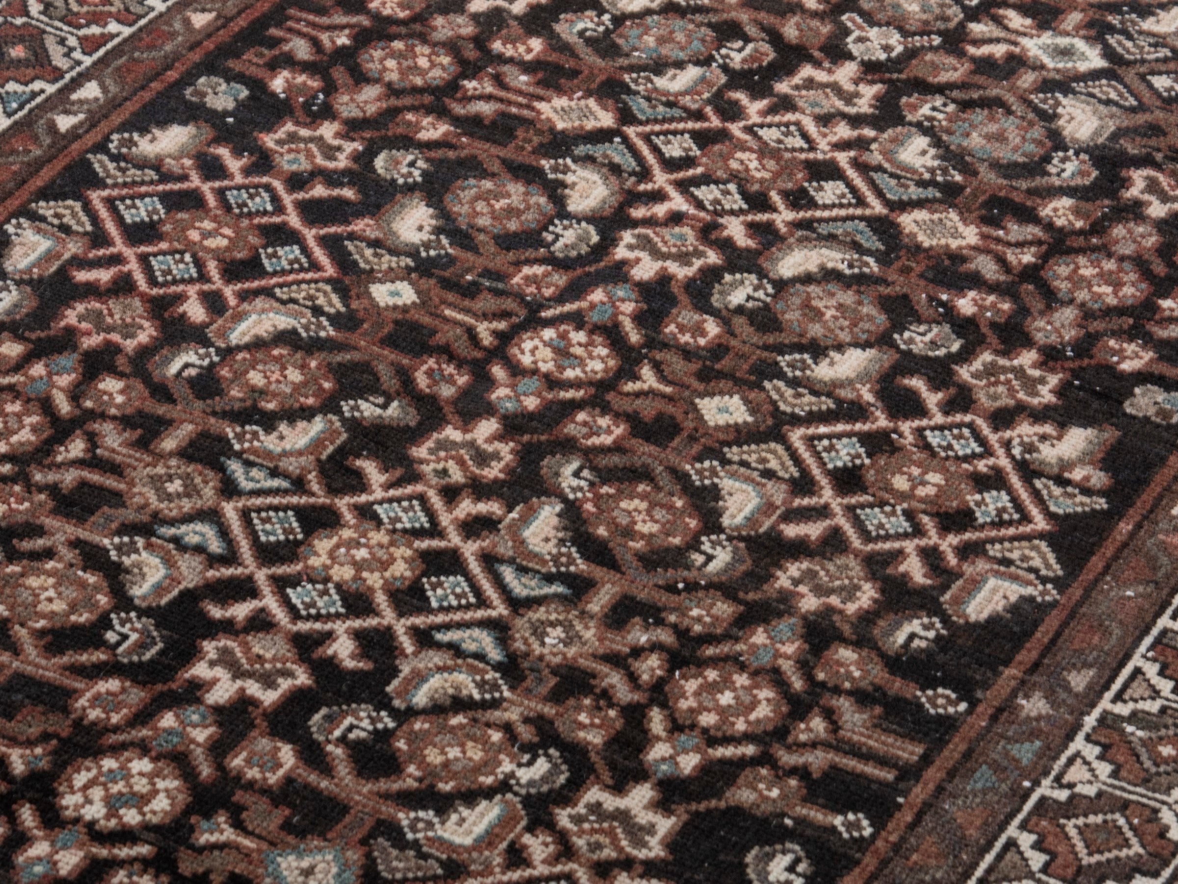Persian Hamedan runner rug in burgundy and antique gold, view 9 of 17