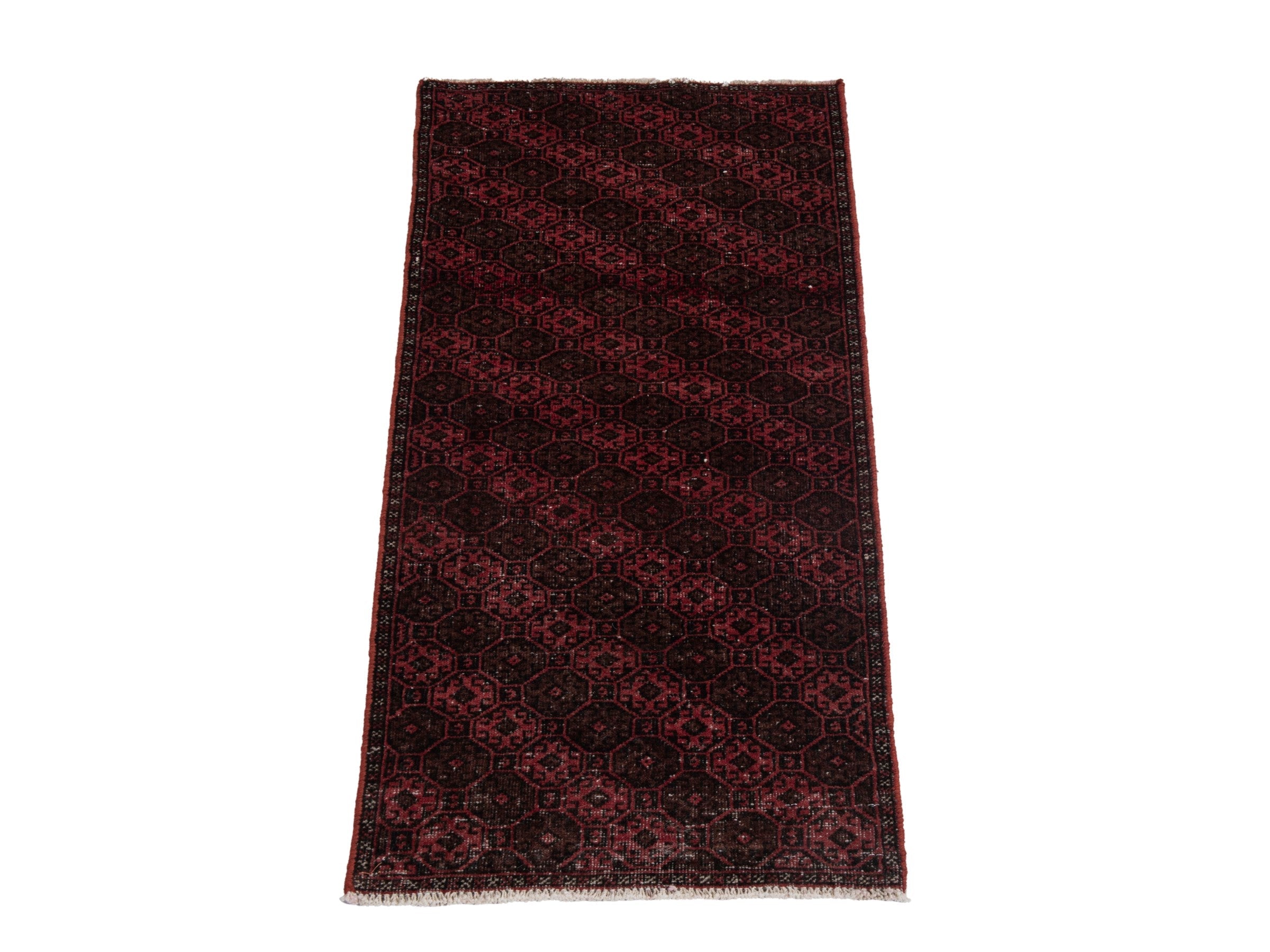 Persian Baluch accent rug in burgundy and faded red, view 2 of 18