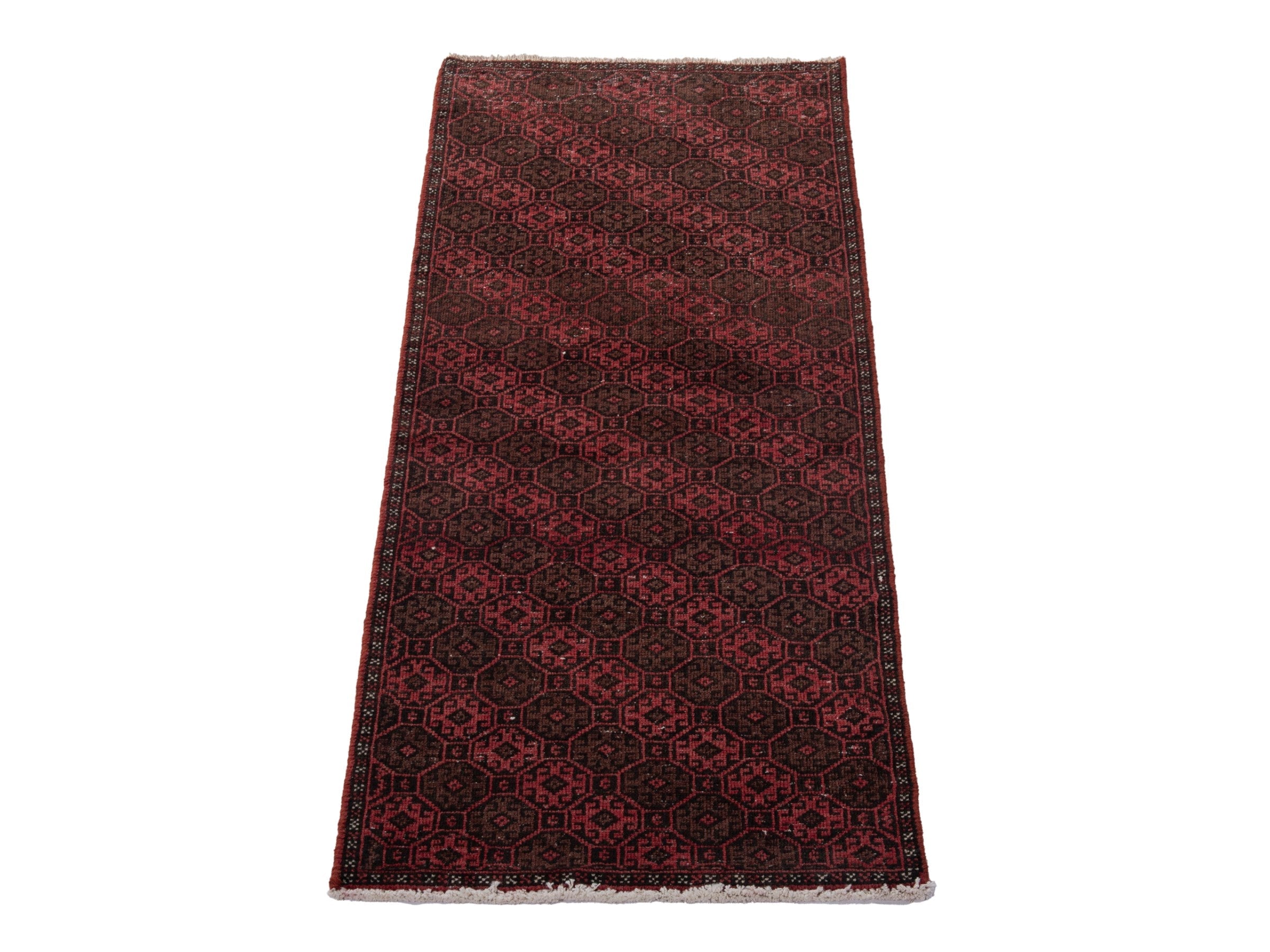 Persian Baluch accent rug in burgundy and faded red, view 3 of 18