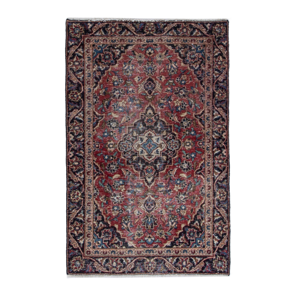 Persian Kashan accent rug in deep red and navy, 3'1" x 4'7"