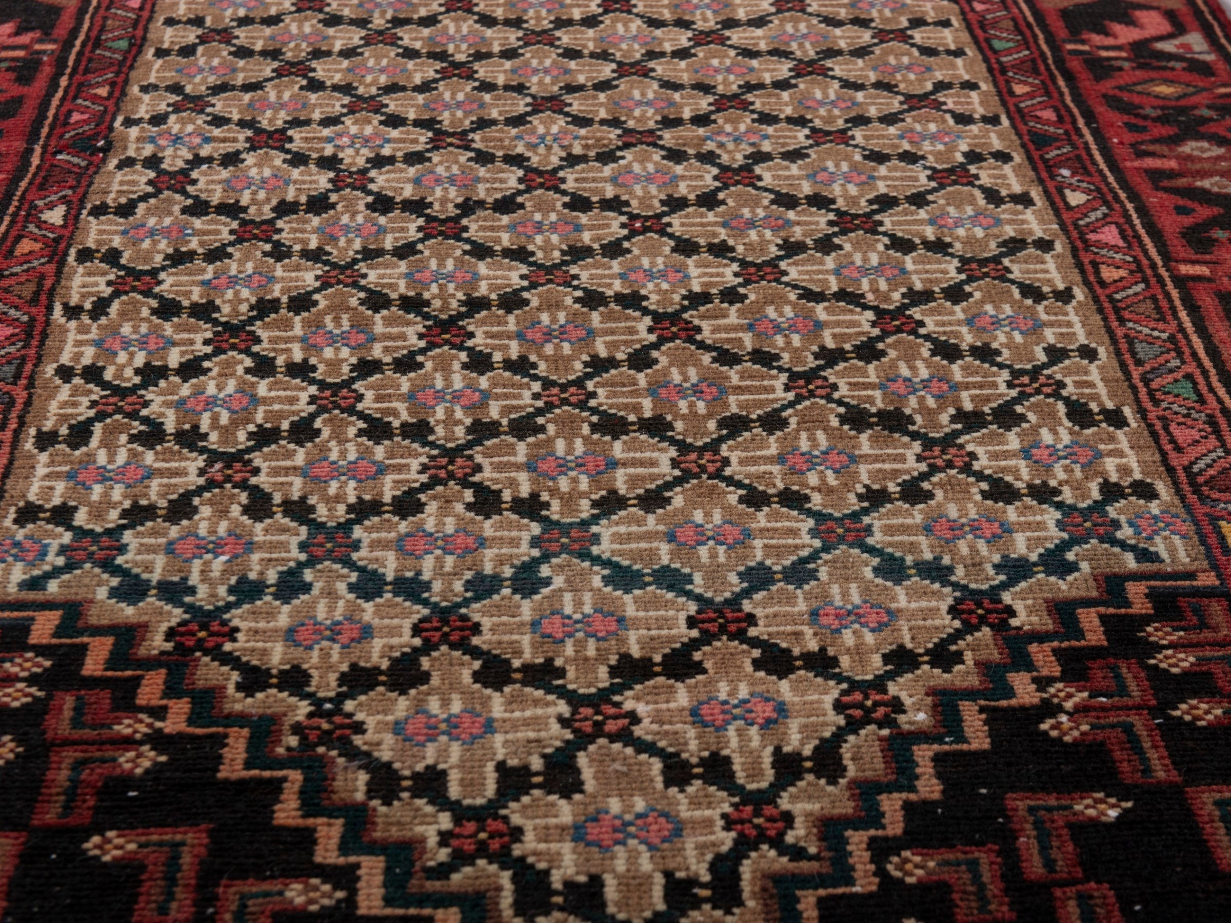 Persian Songhor accent rug in beige and burgundy, view 10 of 18