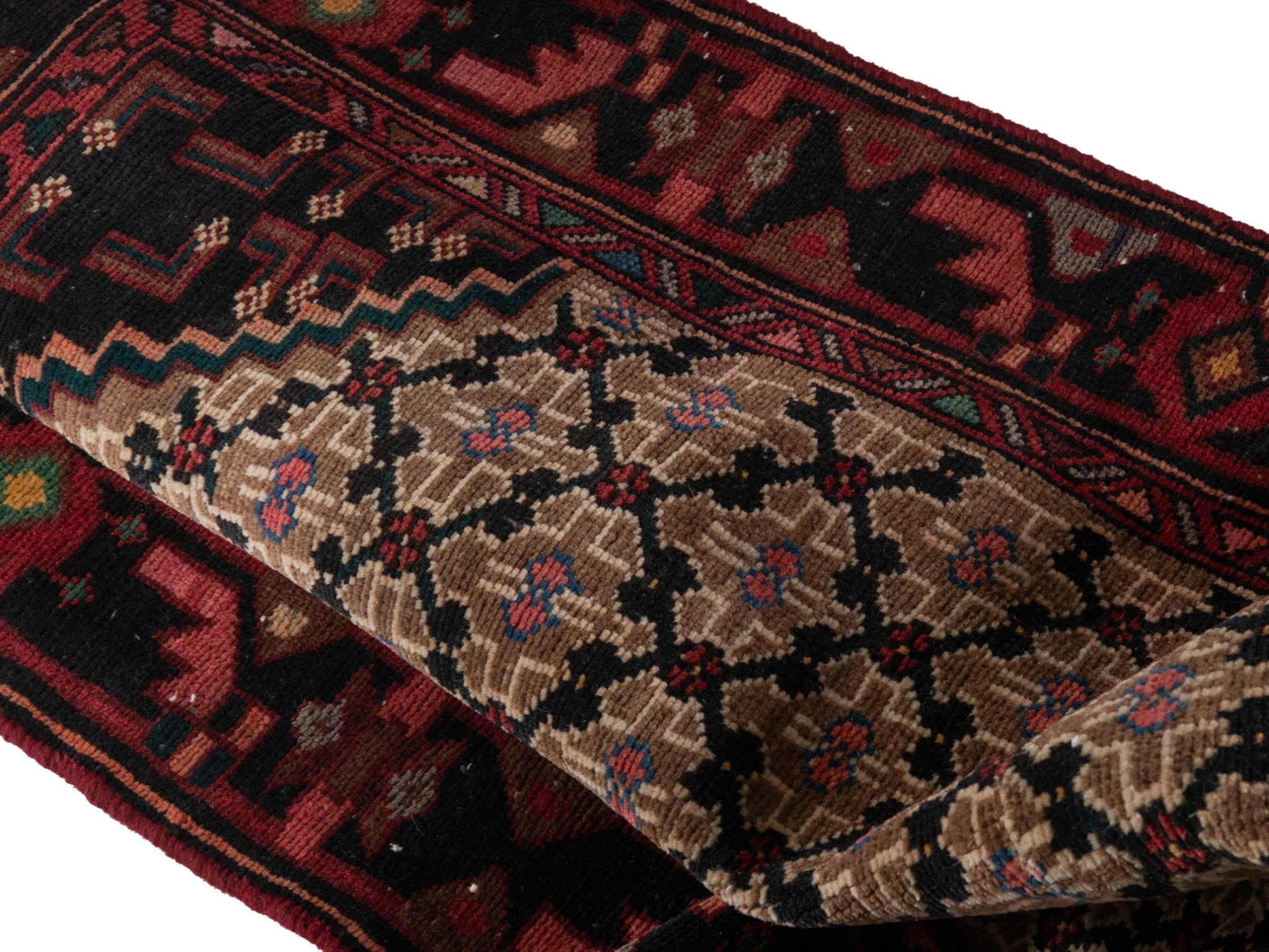Persian Songhor accent rug in beige and burgundy, view 17 of 18