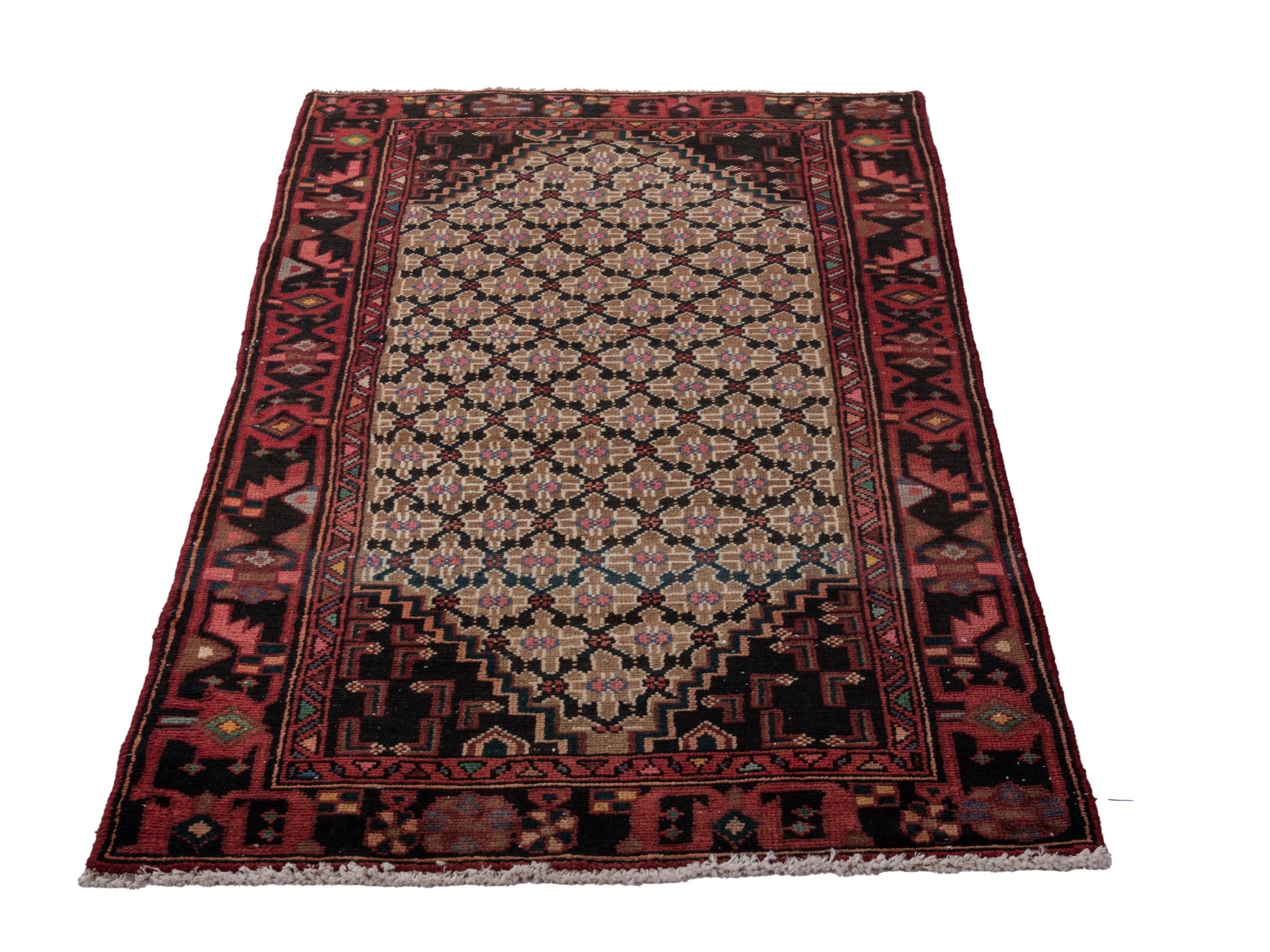 Persian Songhor accent rug in beige and burgundy, view 3 of 18