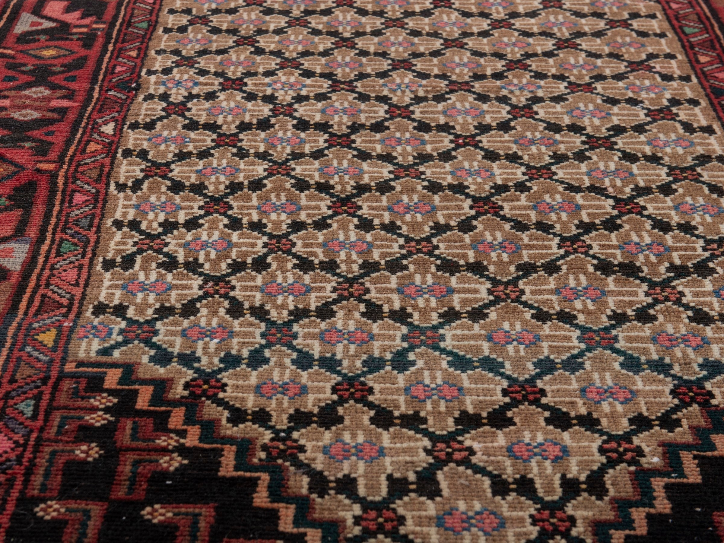 Persian Songhor accent rug in beige and burgundy, view 9 of 18