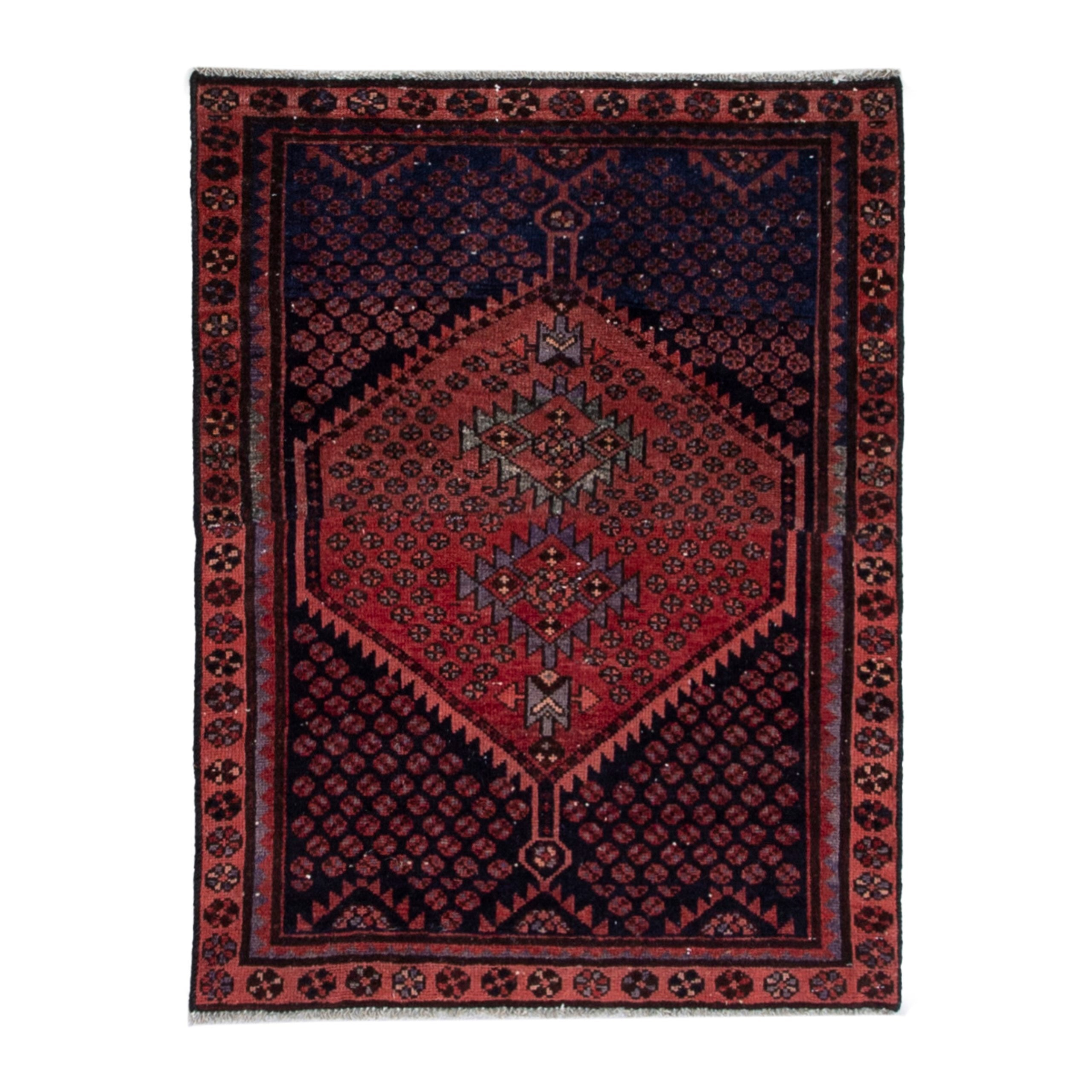 Persian Zanjan accent rug in navy and rust, 3'3" x 4'1"