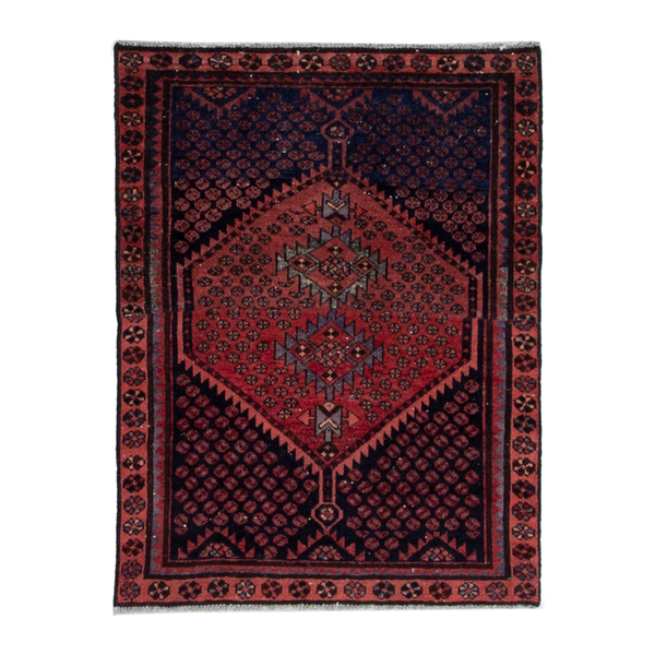 Persian Zanjan accent rug in navy and rust, 3'3" x 4'1"