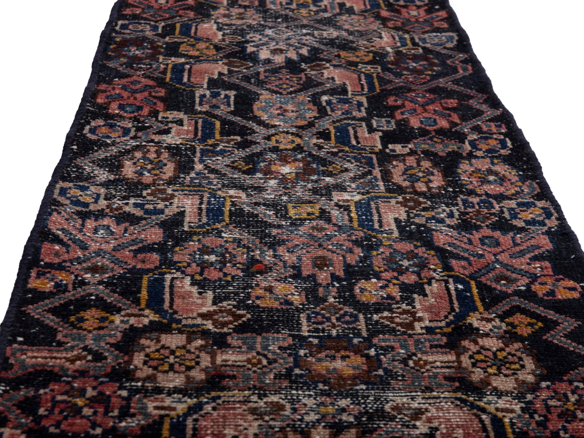 Persian Hamedan runner rug in navy and rose, view 10 of 17