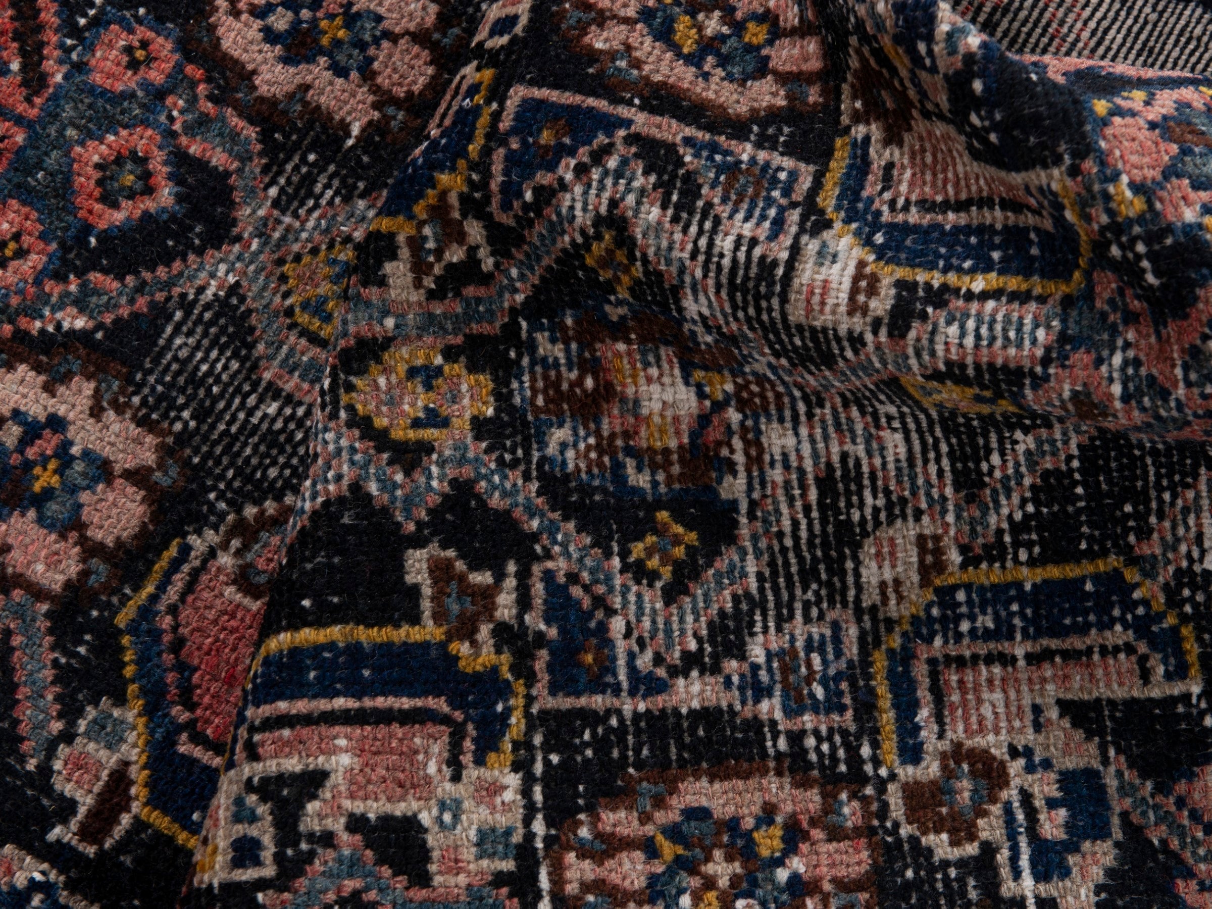 Persian Hamedan runner rug in navy and rose, view 16 of 17