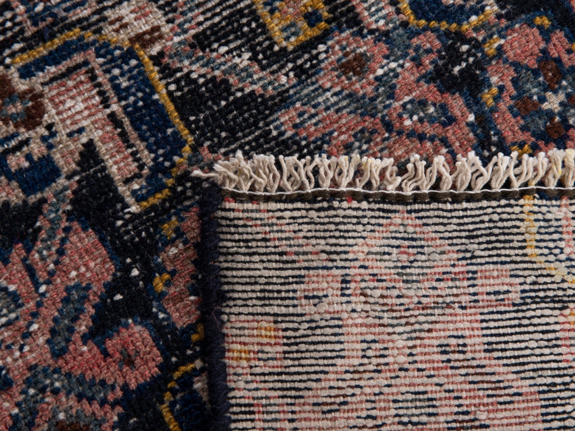Persian Hamedan runner rug in navy and rose, view 17 of 17