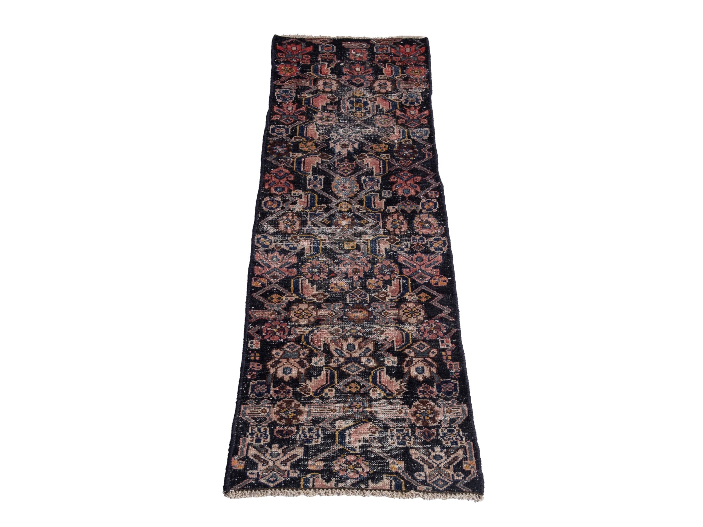 Persian Hamedan runner rug in navy and rose, view 2 of 17