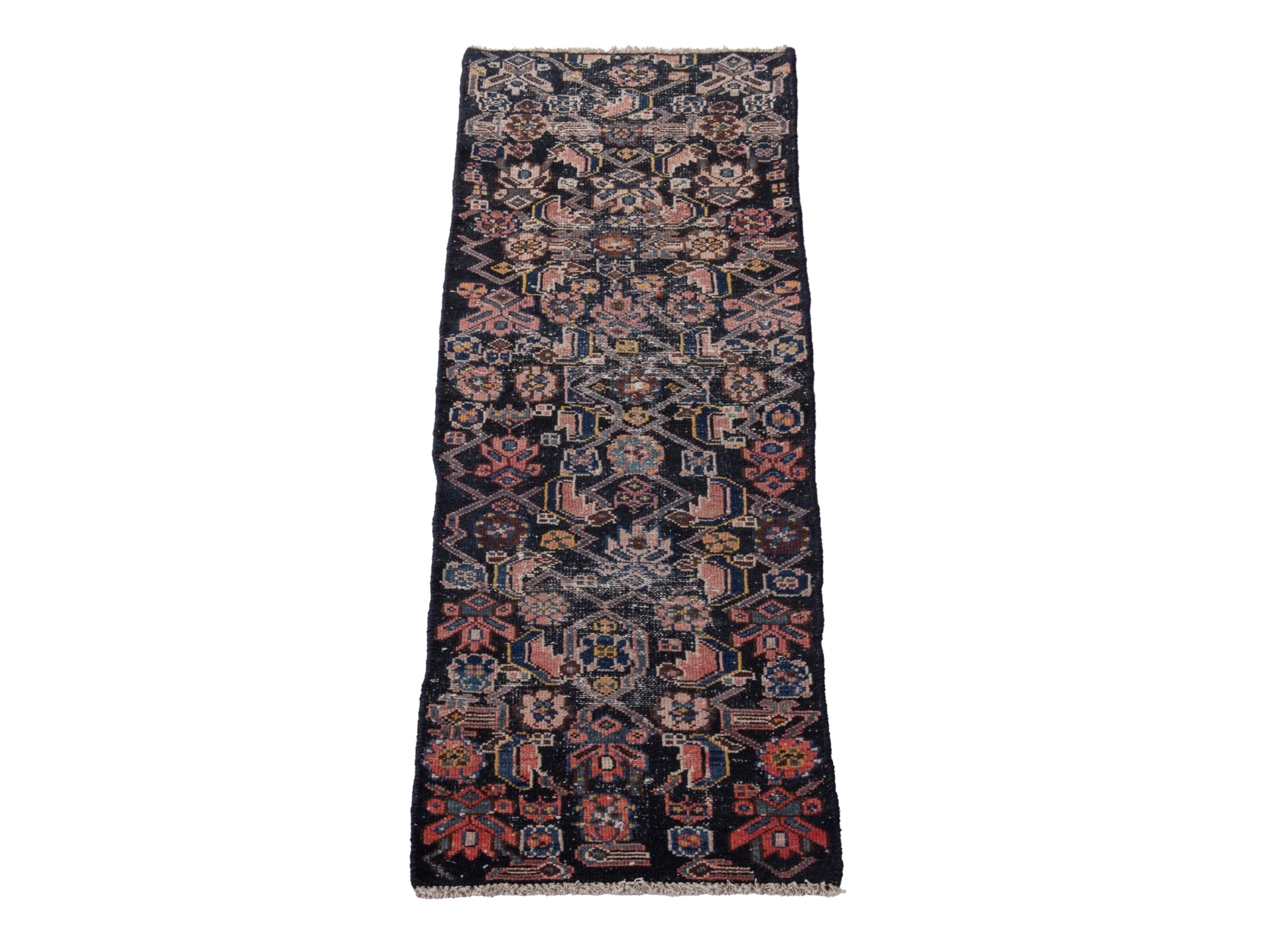 Persian Hamedan runner rug in navy and rose, view 3 of 17