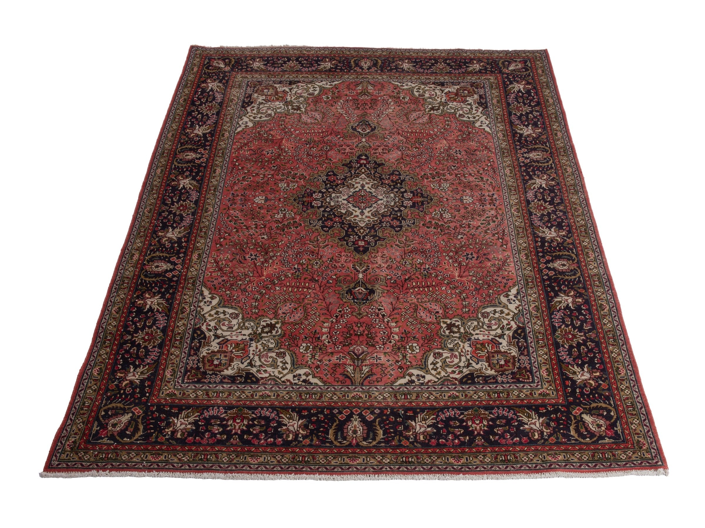 Persian Tabriz area rug in rust and navy, view 2 of 19