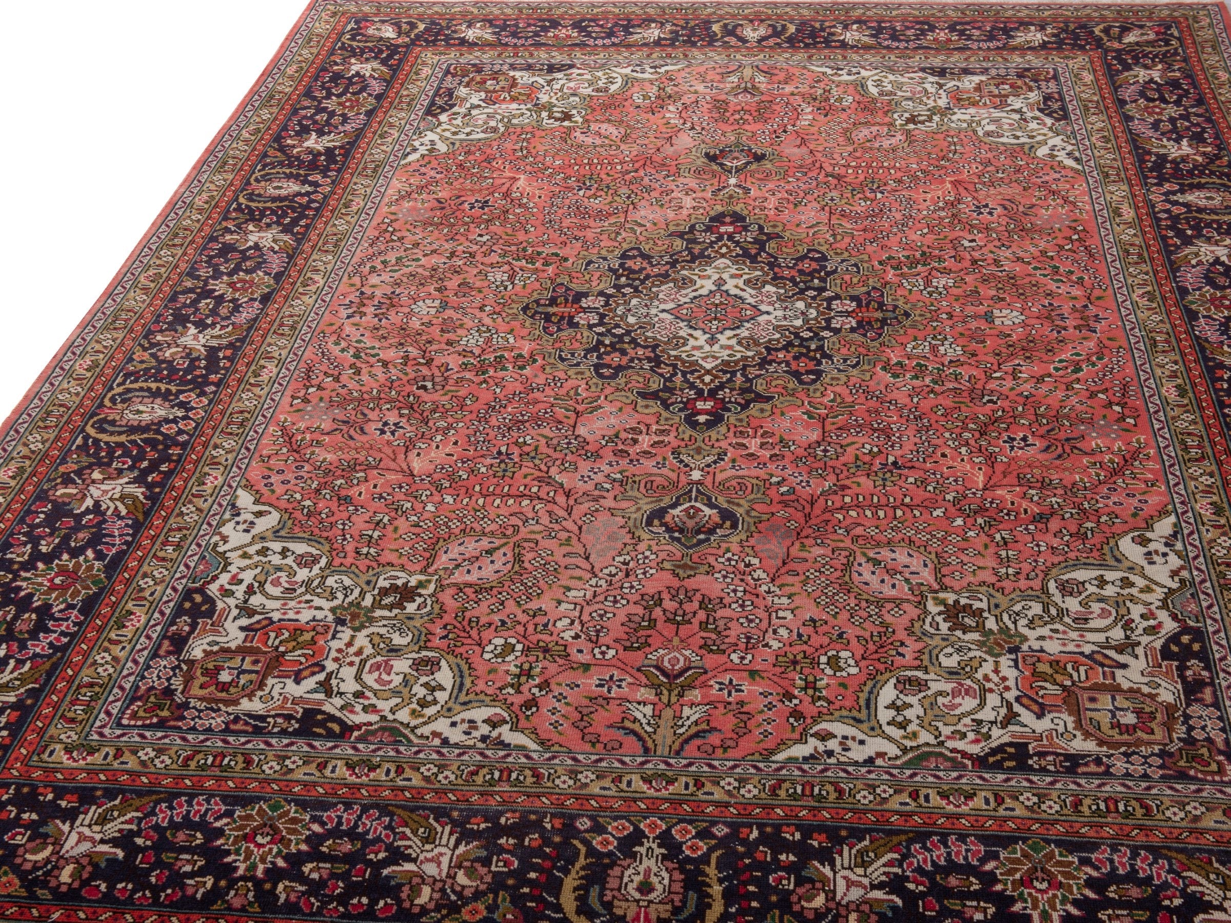 Persian Tabriz area rug in rust and navy, view 9 of 19