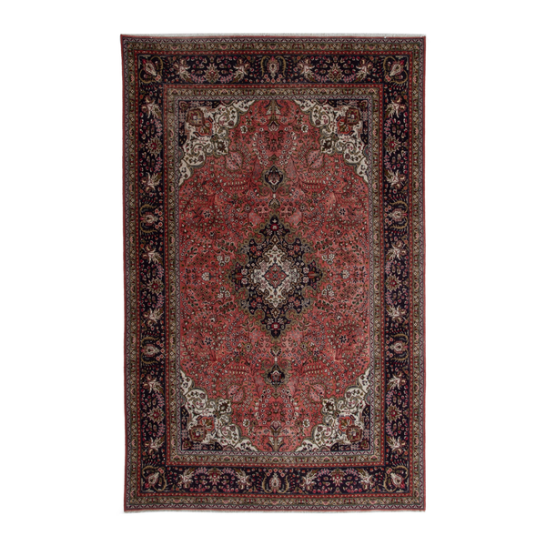Persian Tabriz area rug in rust and navy, 6'9" x 9'10"