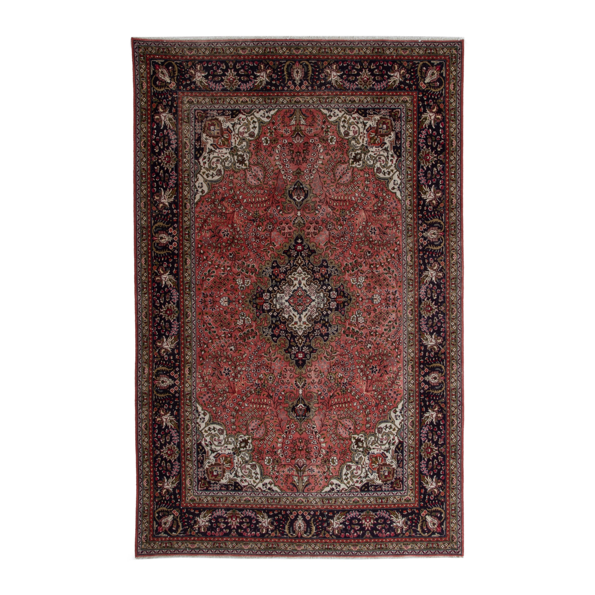 Persian Tabriz area rug in rust and navy, 6'9" x 9'10"