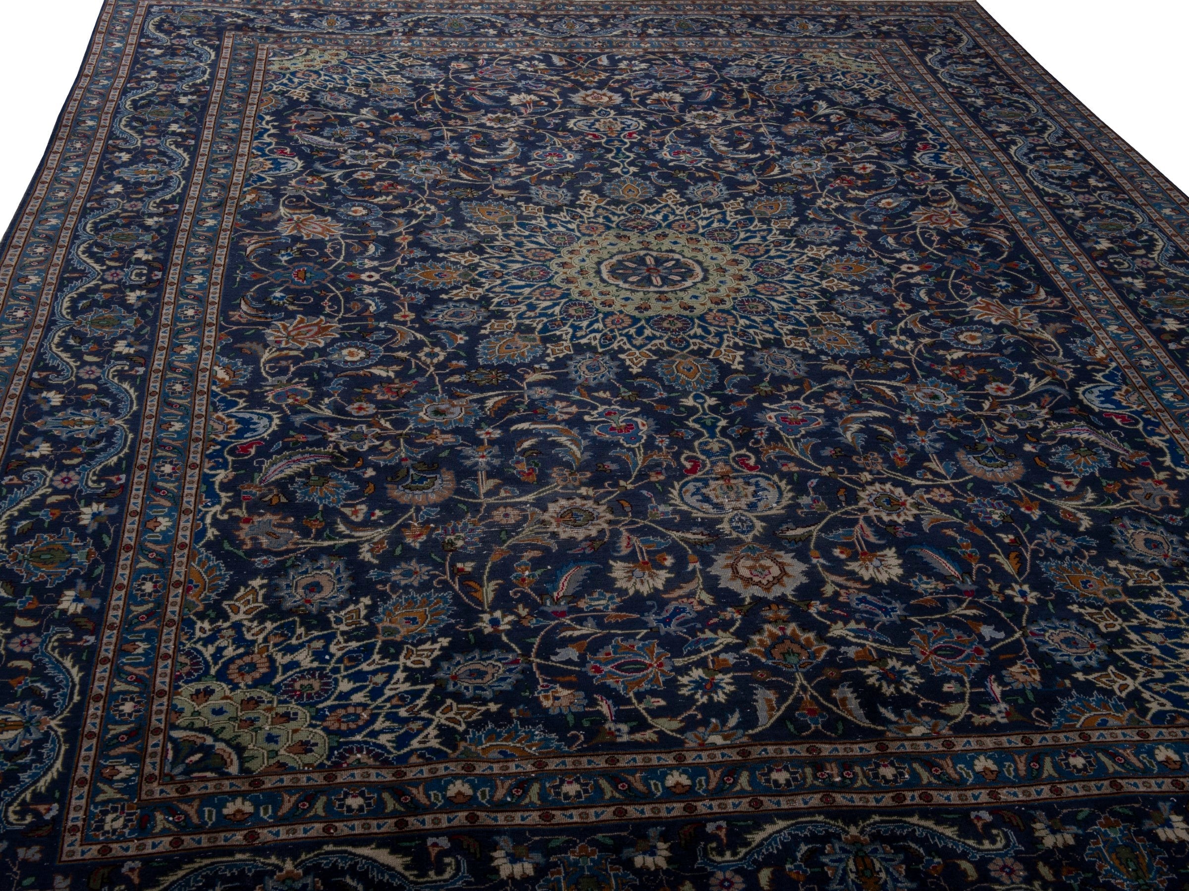 Persian Kashmar oversized rug in navy and antique gold, view 10 of 21