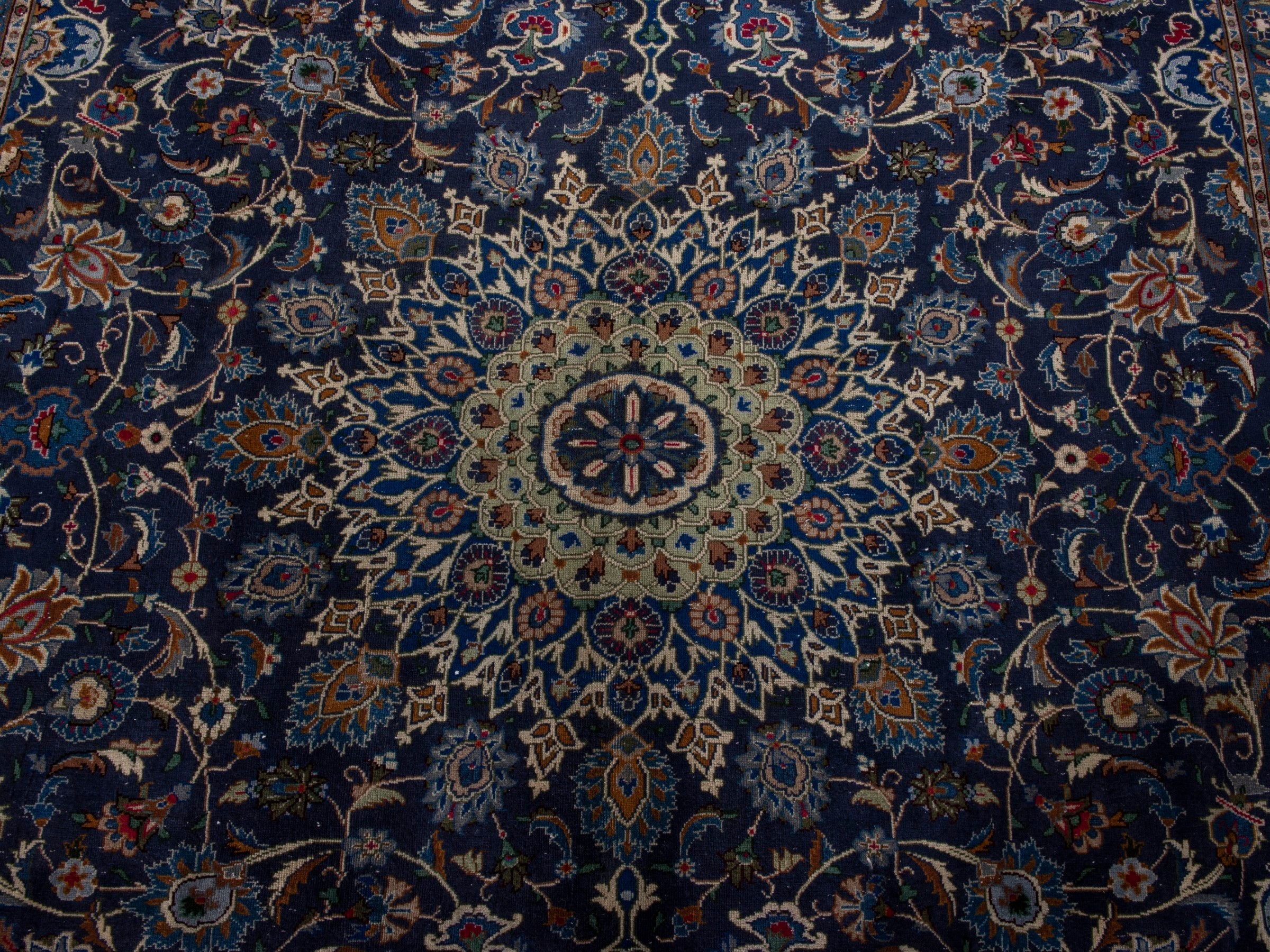 Persian Kashmar oversized rug in navy and antique gold, view 13 of 21
