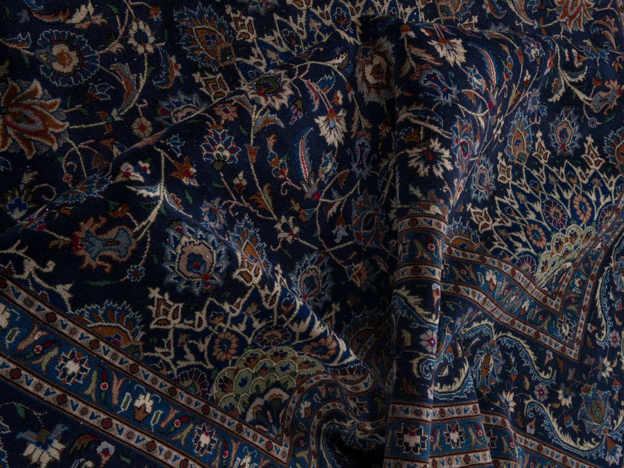 Persian Kashmar oversized rug in navy and antique gold, view 16 of 21