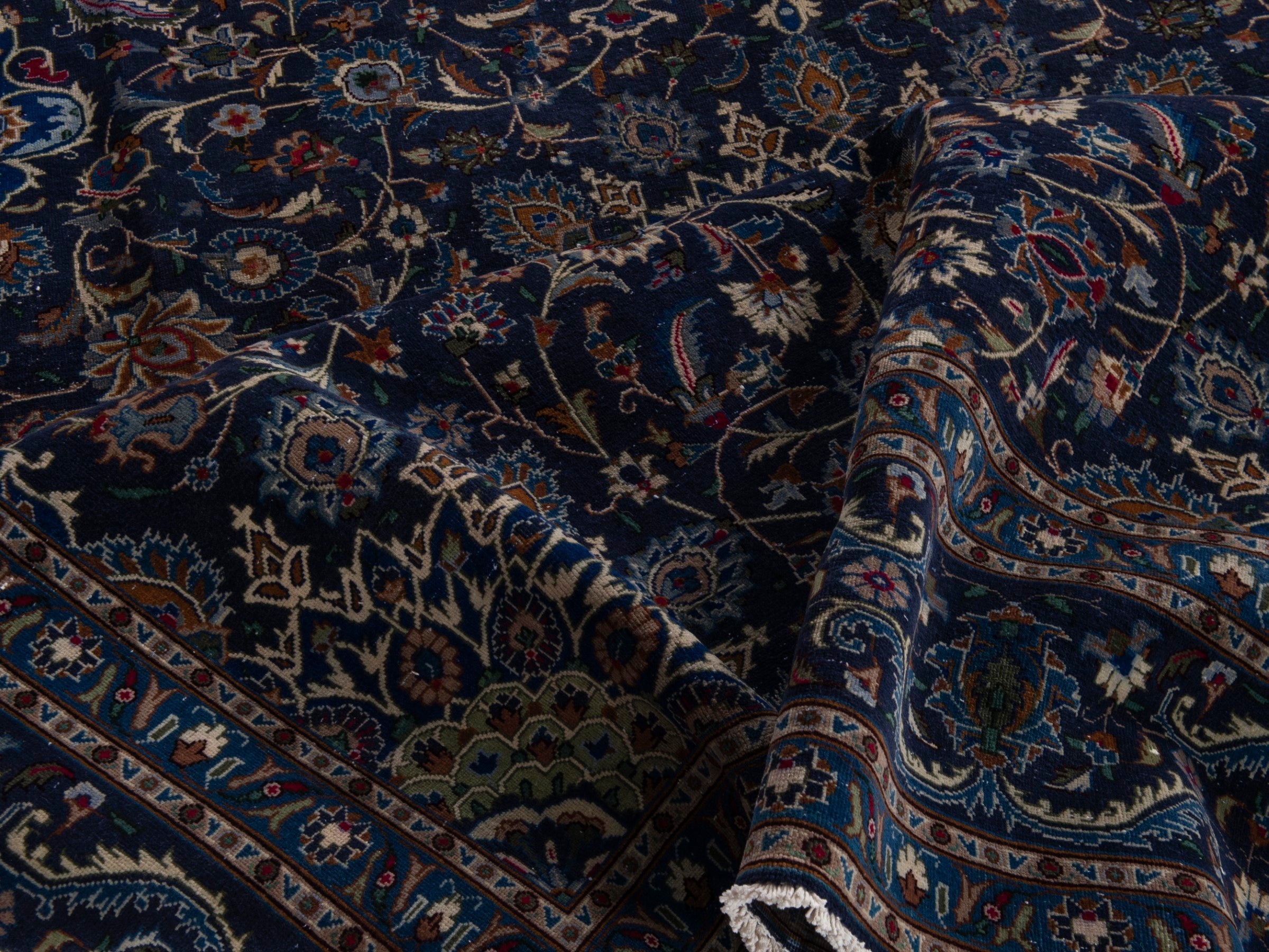 Persian Kashmar oversized rug in navy and antique gold, view 17 of 21