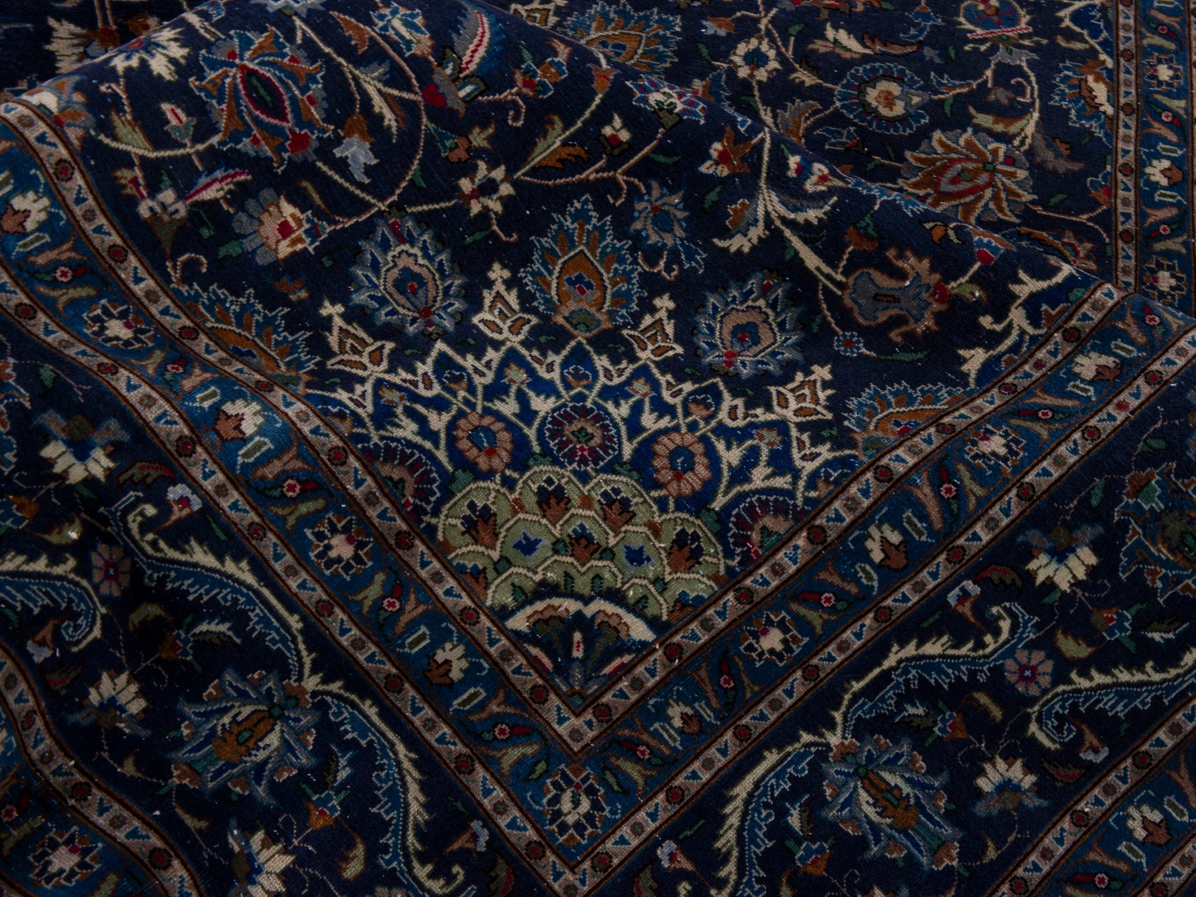 Persian Kashmar oversized rug in navy and antique gold, view 18 of 21