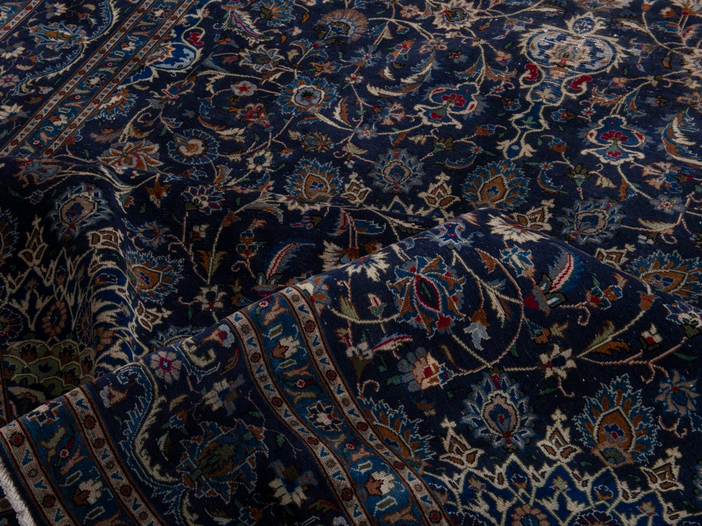 Persian Kashmar oversized rug in navy and antique gold, view 19 of 21