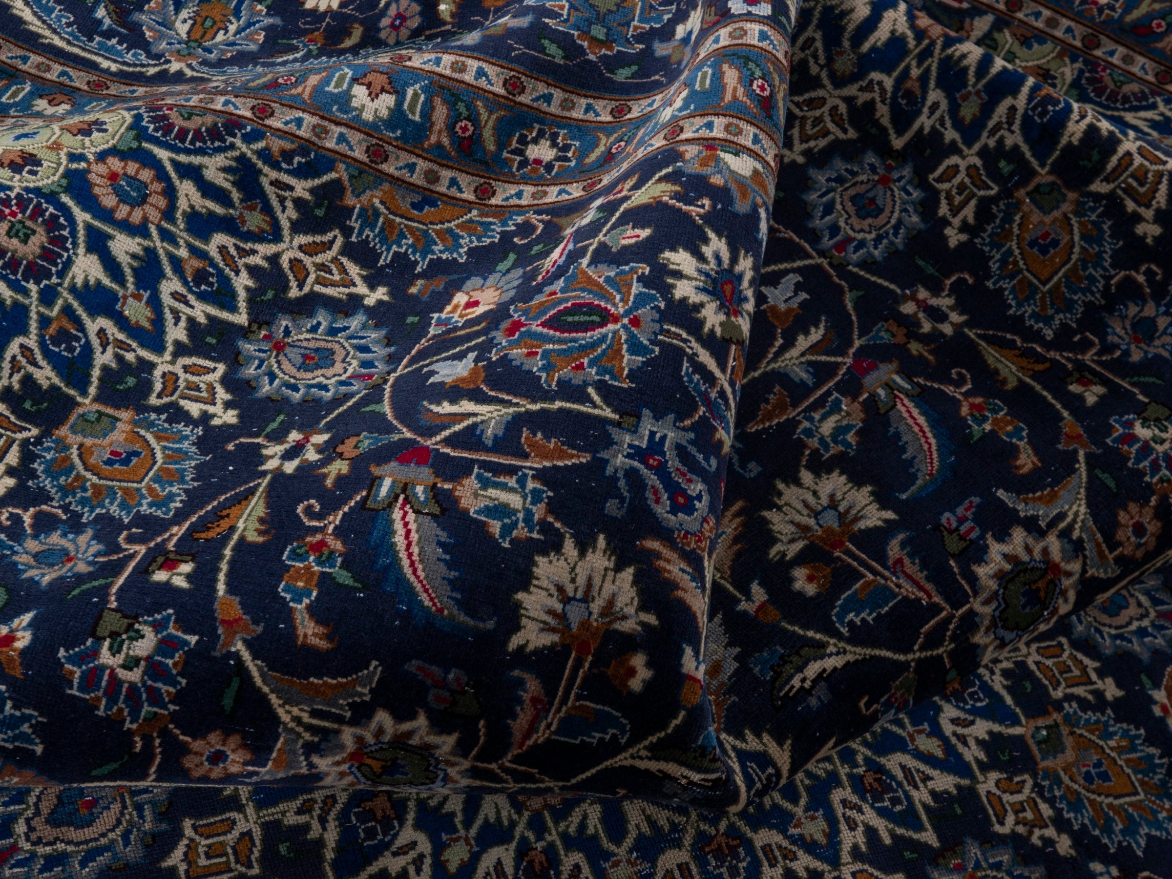 Persian Kashmar oversized rug in navy and antique gold, view 20 of 21