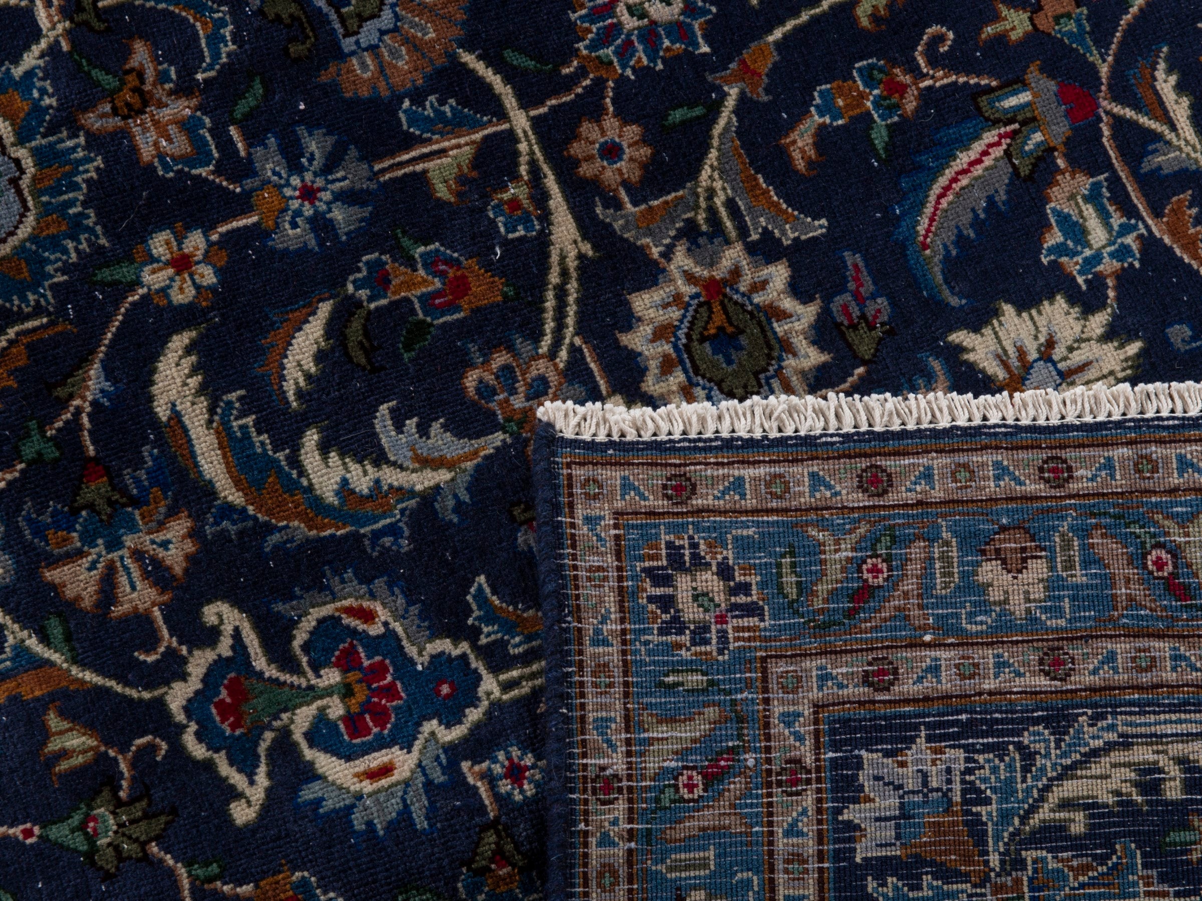 Persian Kashmar oversized rug in navy and antique gold, view 21 of 21