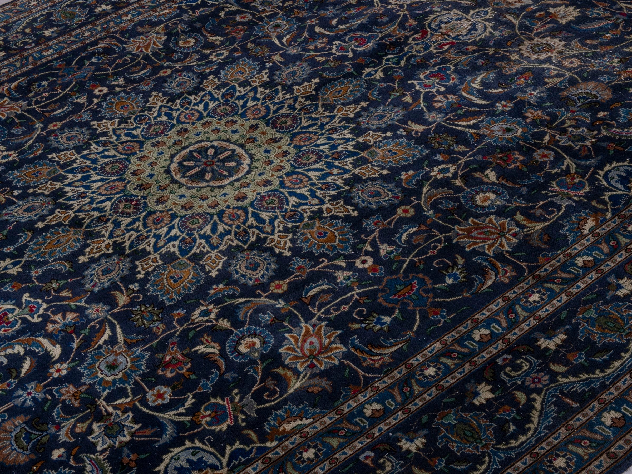 Persian Kashmar oversized rug in navy and antique gold, view 4 of 21