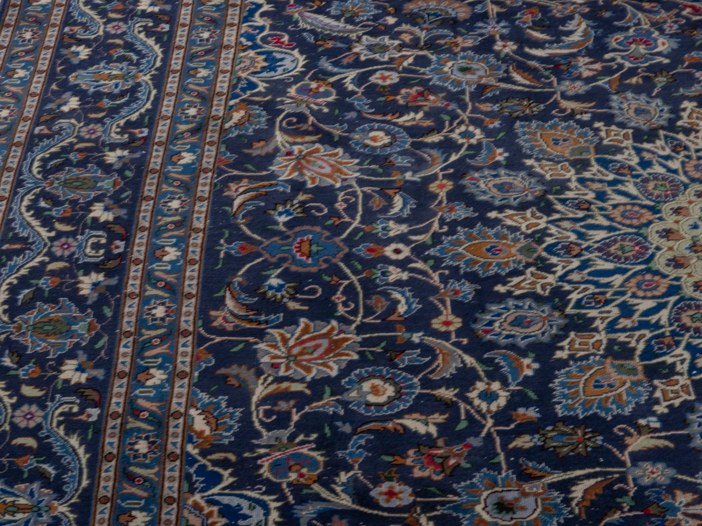 Persian Kashmar oversized rug in navy and antique gold, view 7 of 21
