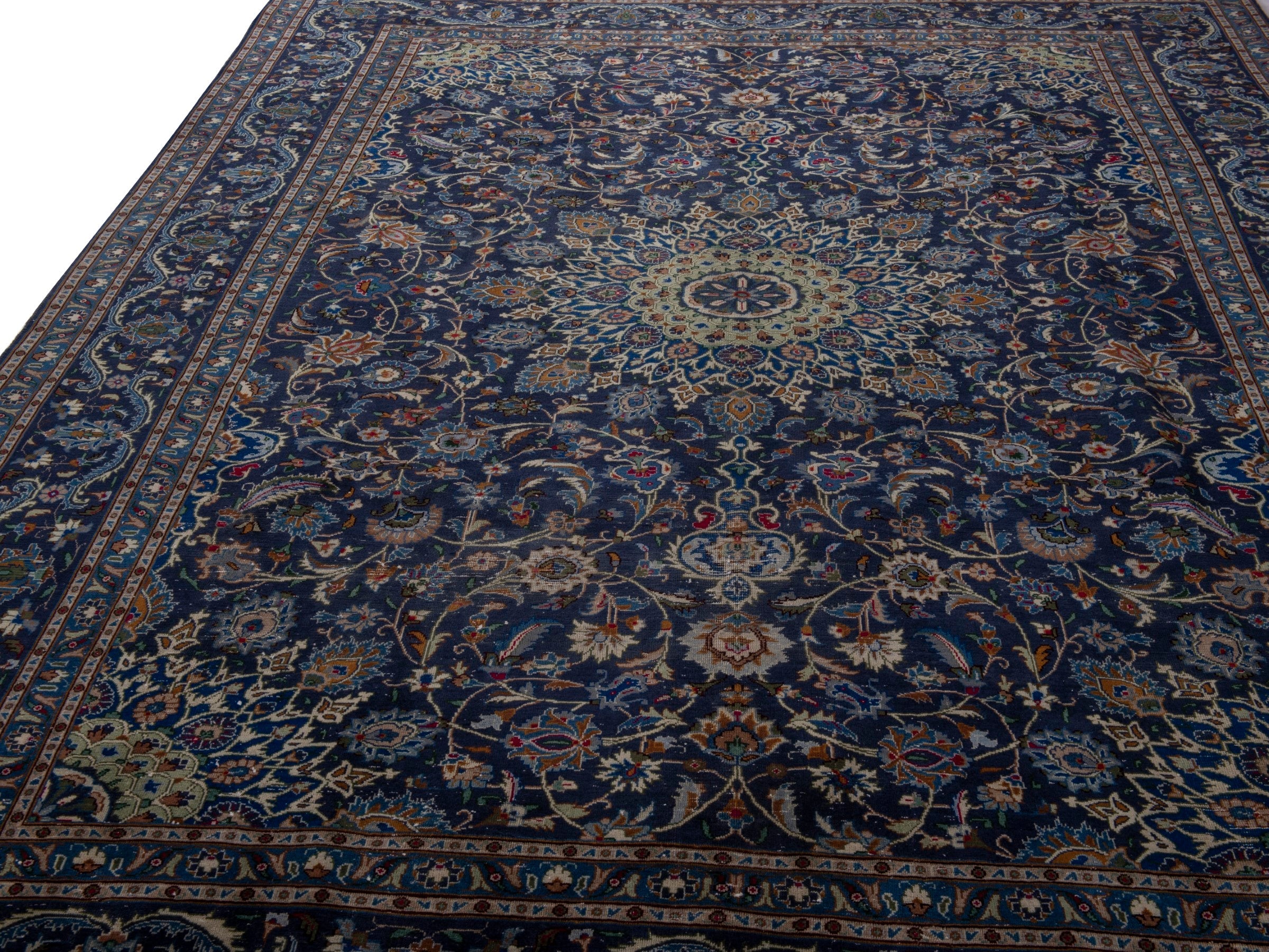Persian Kashmar oversized rug in navy and antique gold, view 9 of 21
