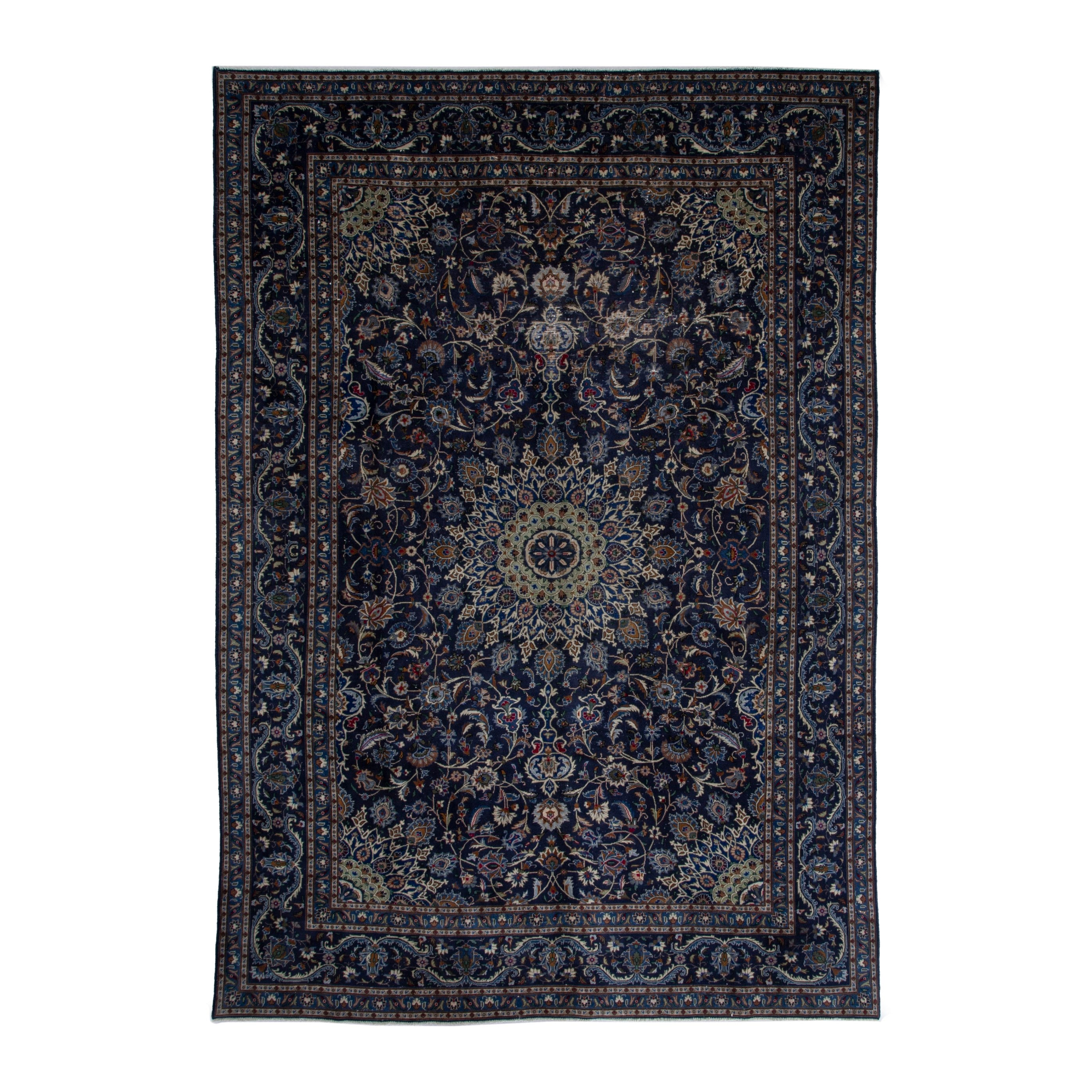 Persian Kashmar oversized rug in navy and antique gold, 8'2" x 11'6"