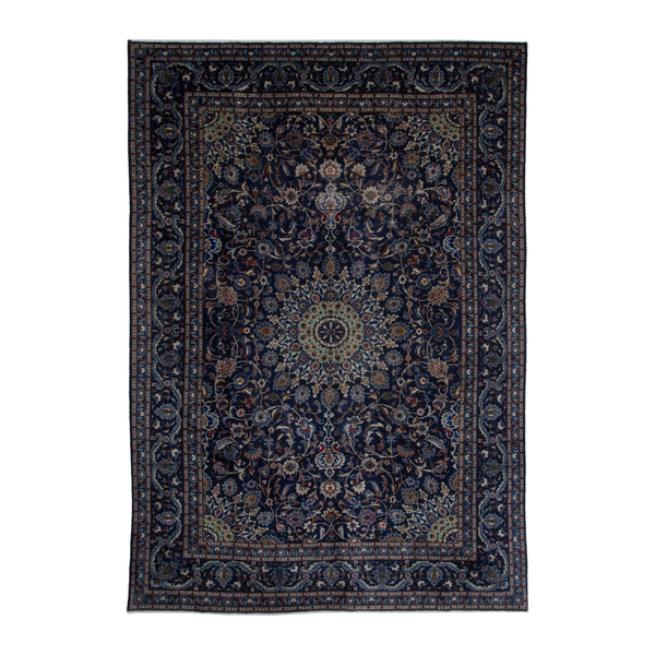 Persian Kashmar oversized rug in navy and antique gold, 8'2" x 11'6"