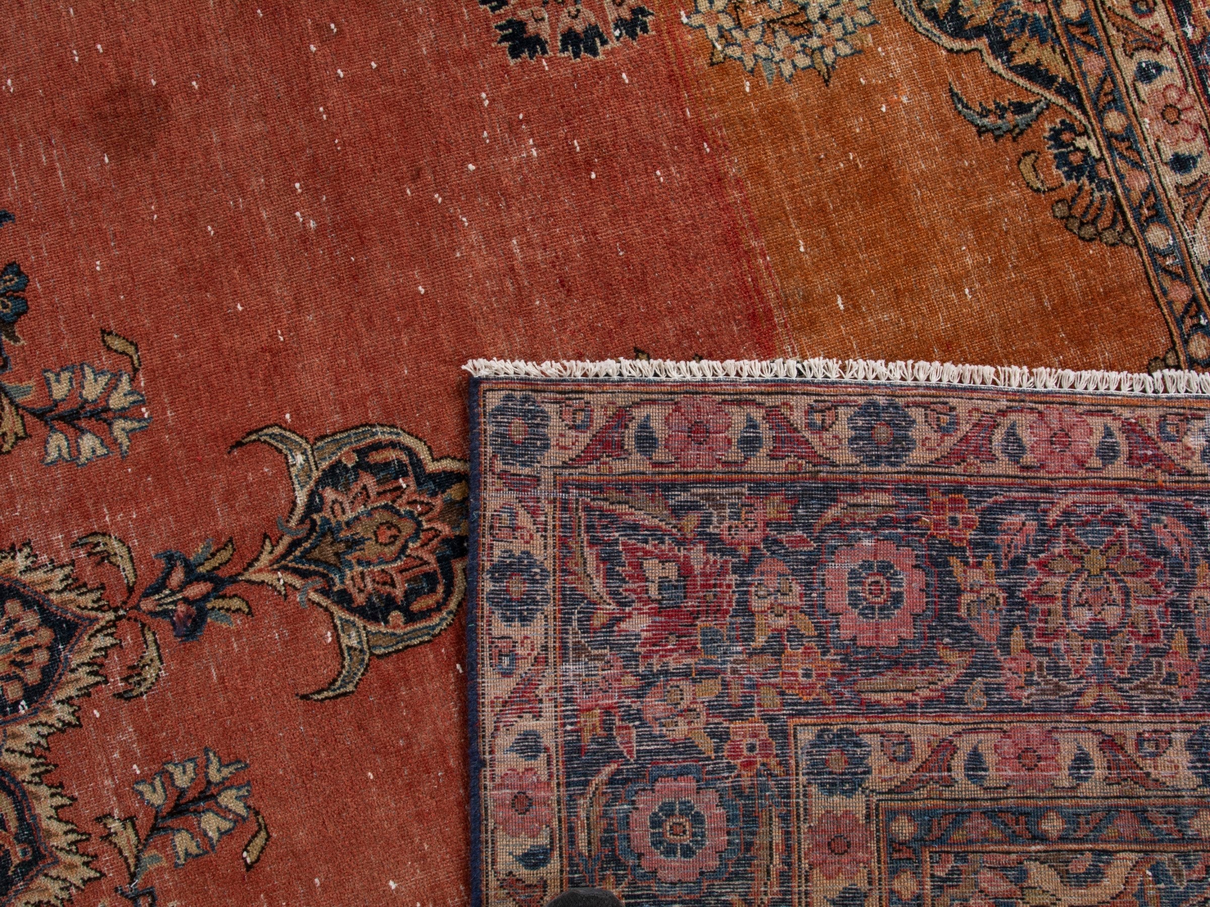 Persian Kashan oversized rug in rust and navy, view 20 of 20