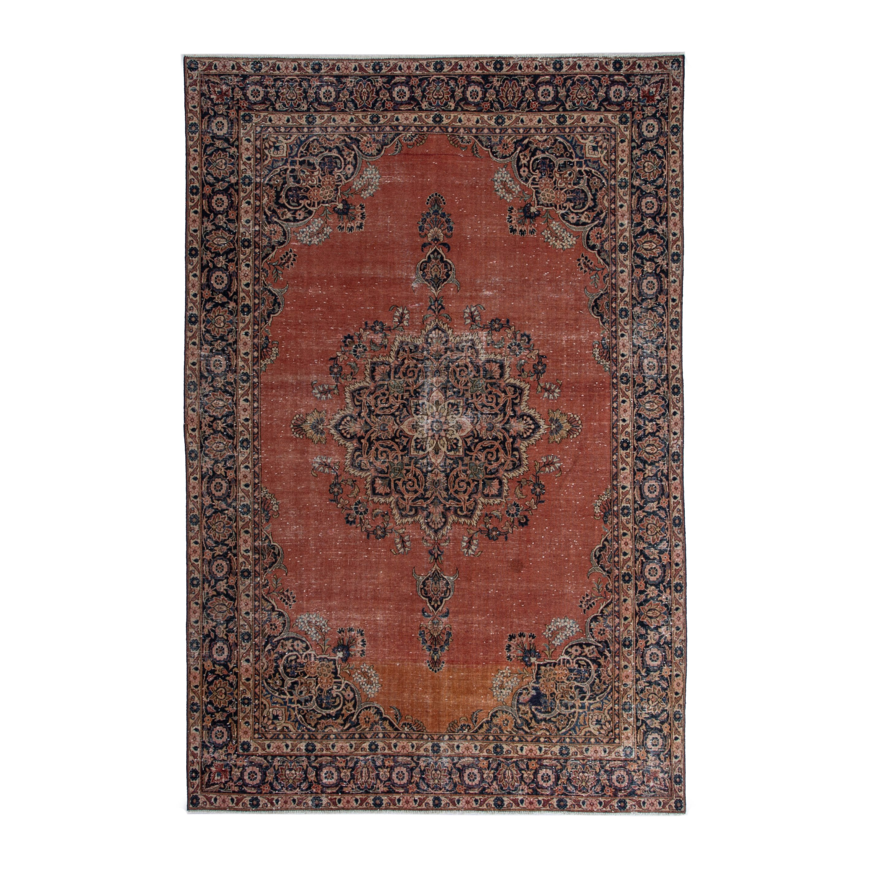 Persian Kashan oversized rug in rust and navy, 7'5" x 10'8"