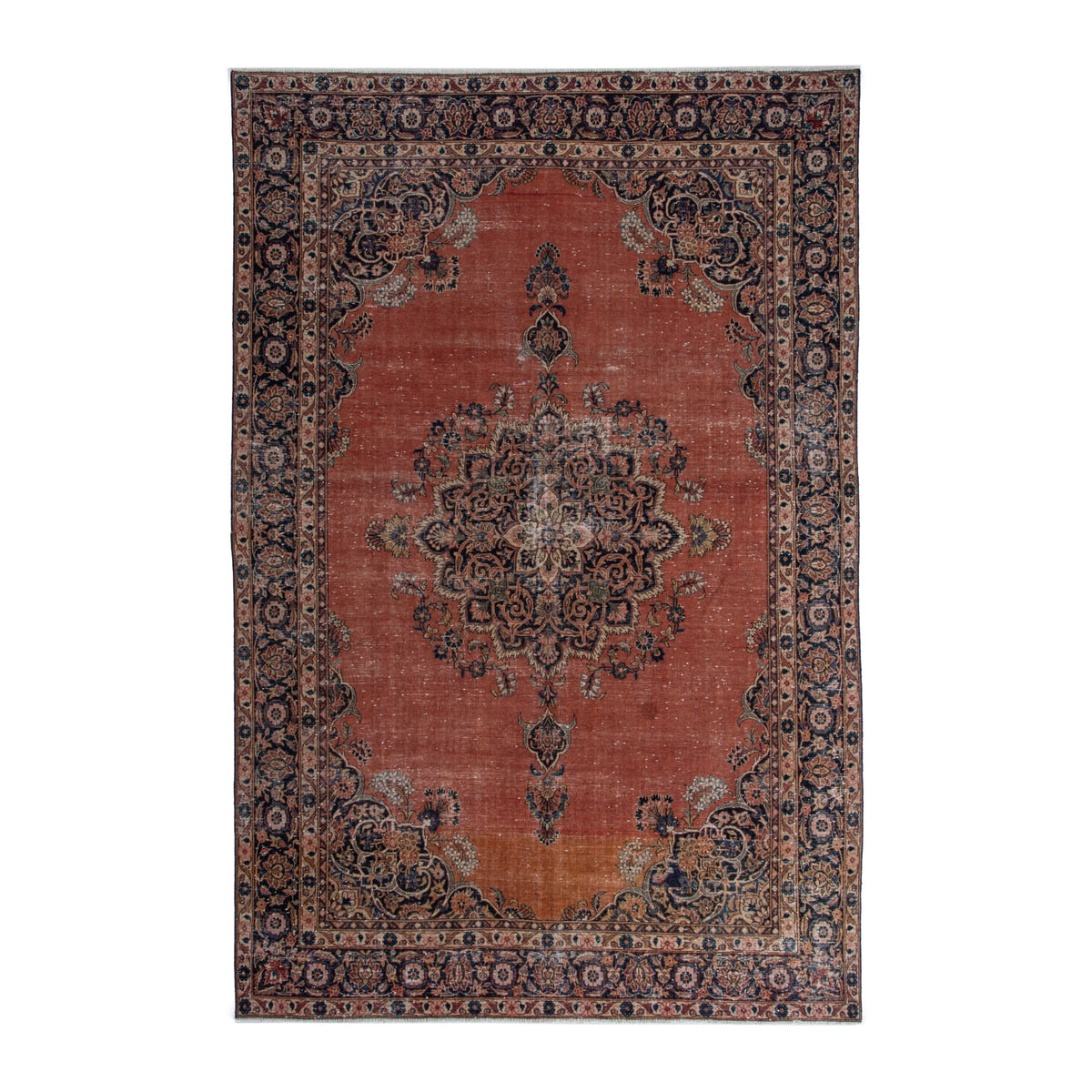 Persian Kashan oversized rug in rust and navy, 7'5" x 10'8"