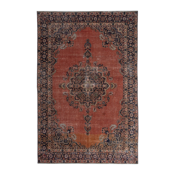 Persian Kashan oversized rug in rust and navy, 7'5" x 10'8"