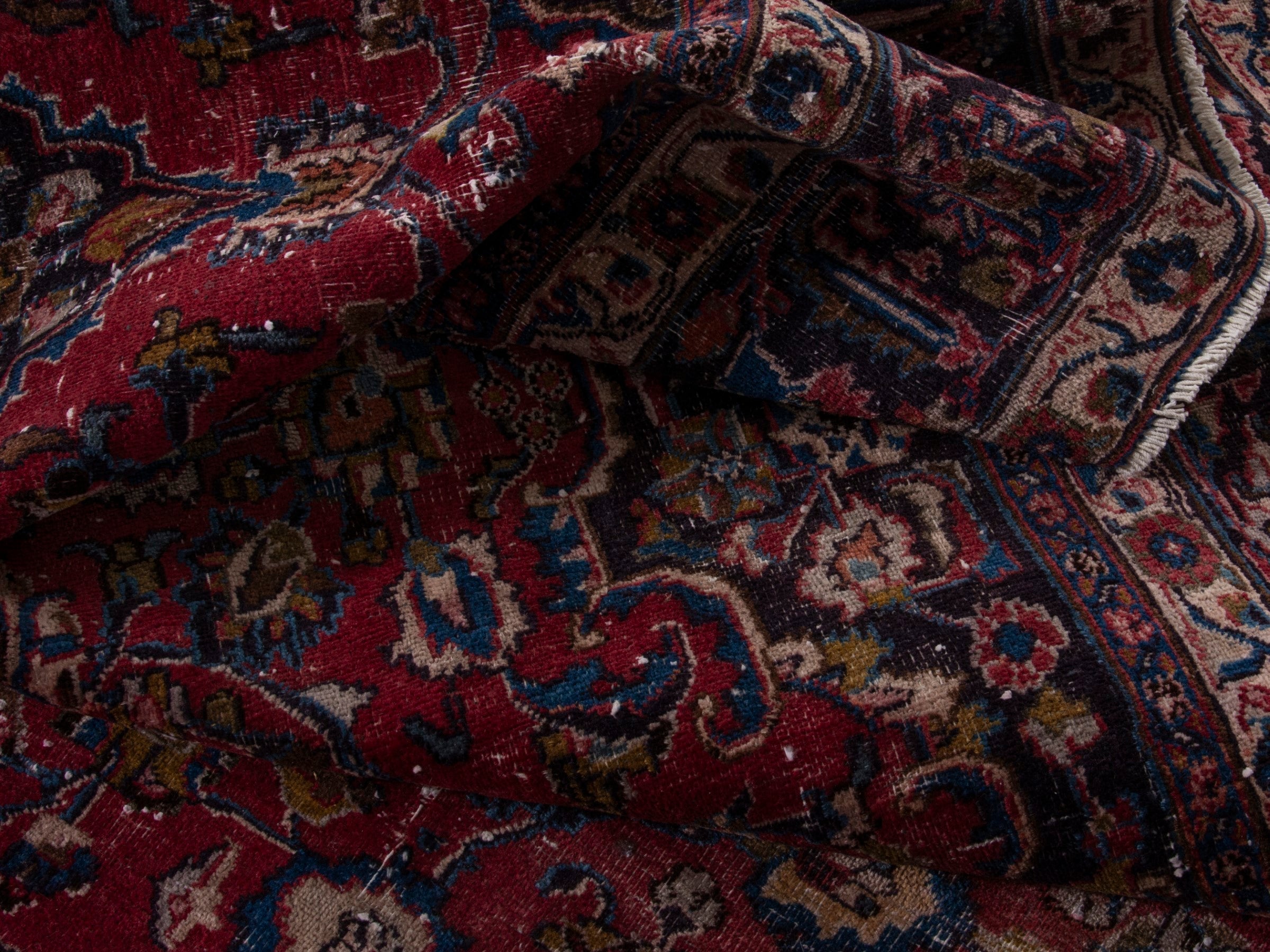 Persian Mashhad oversized rug in burgundy and navy, view 15 of 18