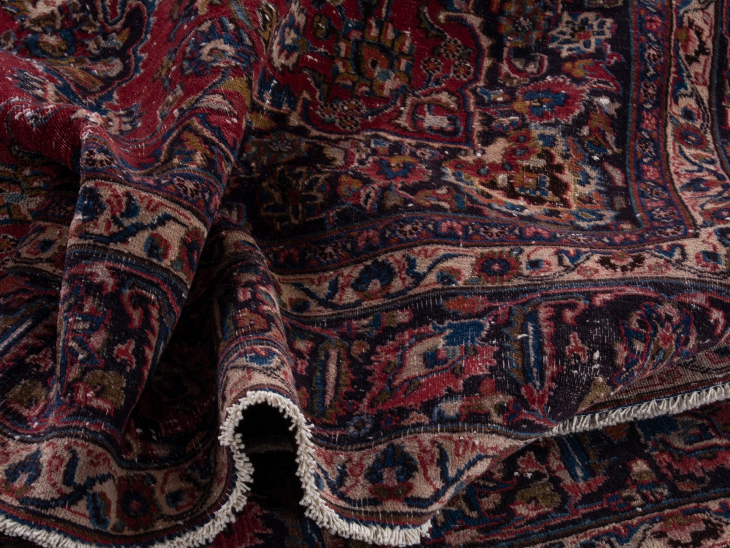 Persian Mashhad oversized rug in burgundy and navy, view 16 of 18