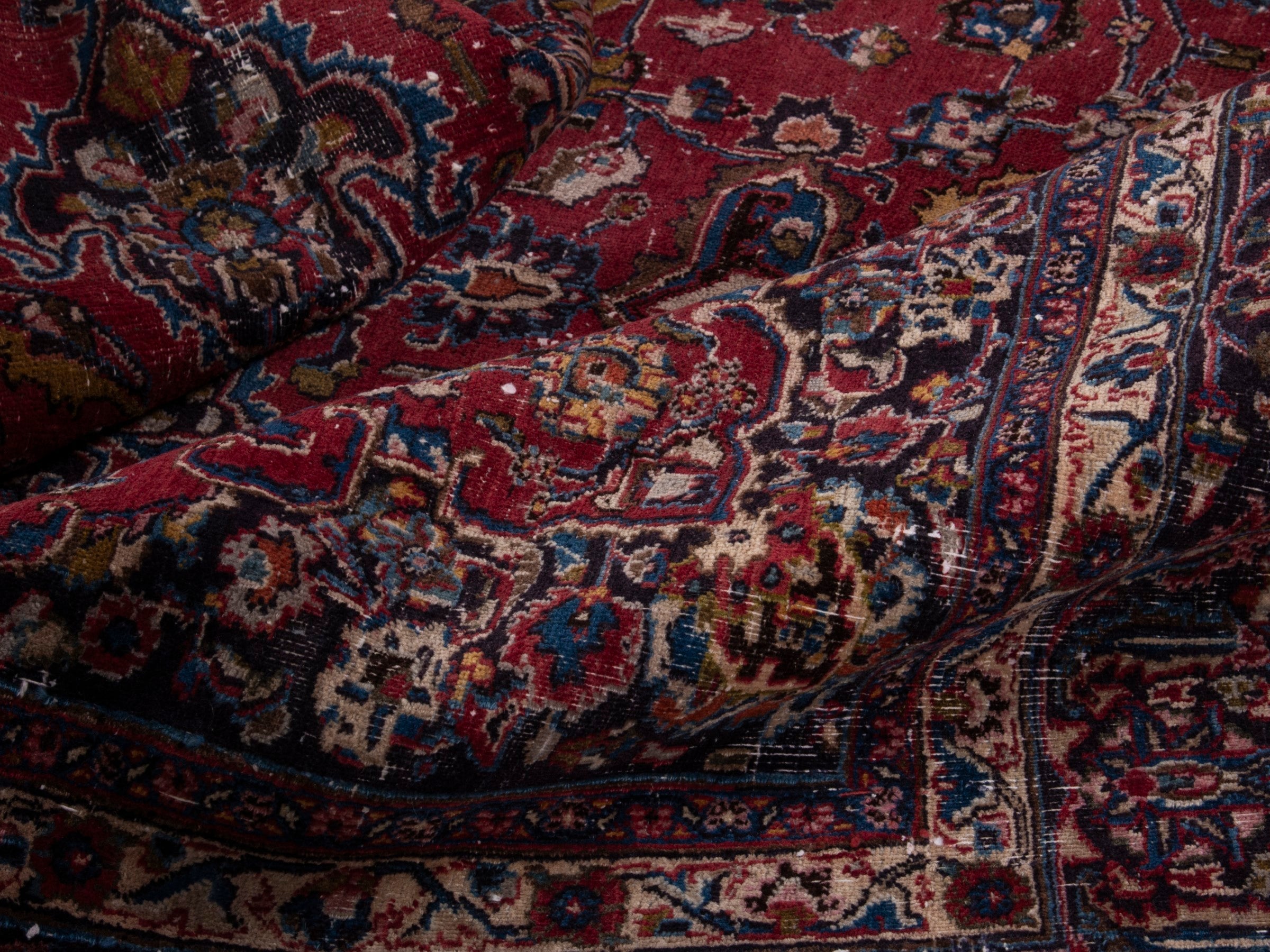 Persian Mashhad oversized rug in burgundy and navy, view 17 of 18