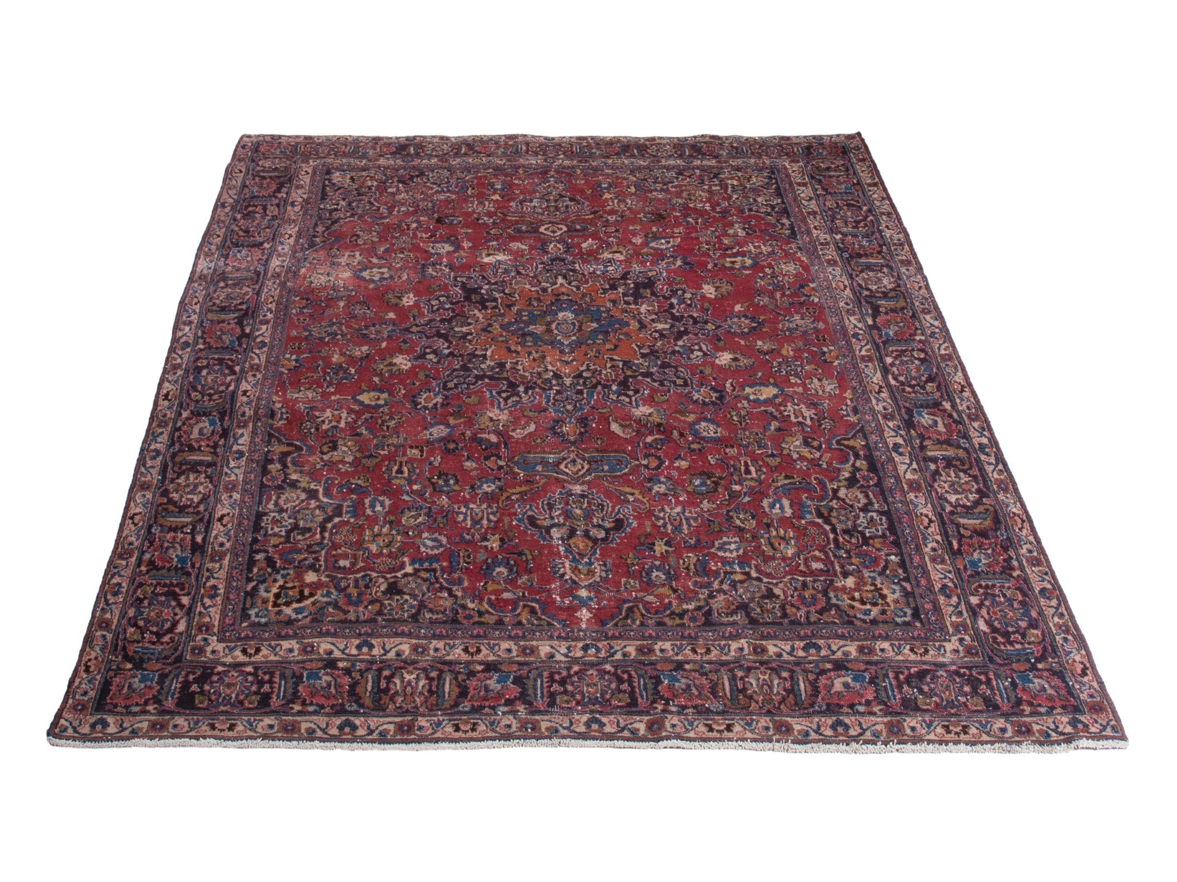 Persian Mashhad oversized rug in burgundy and navy, view 2 of 18