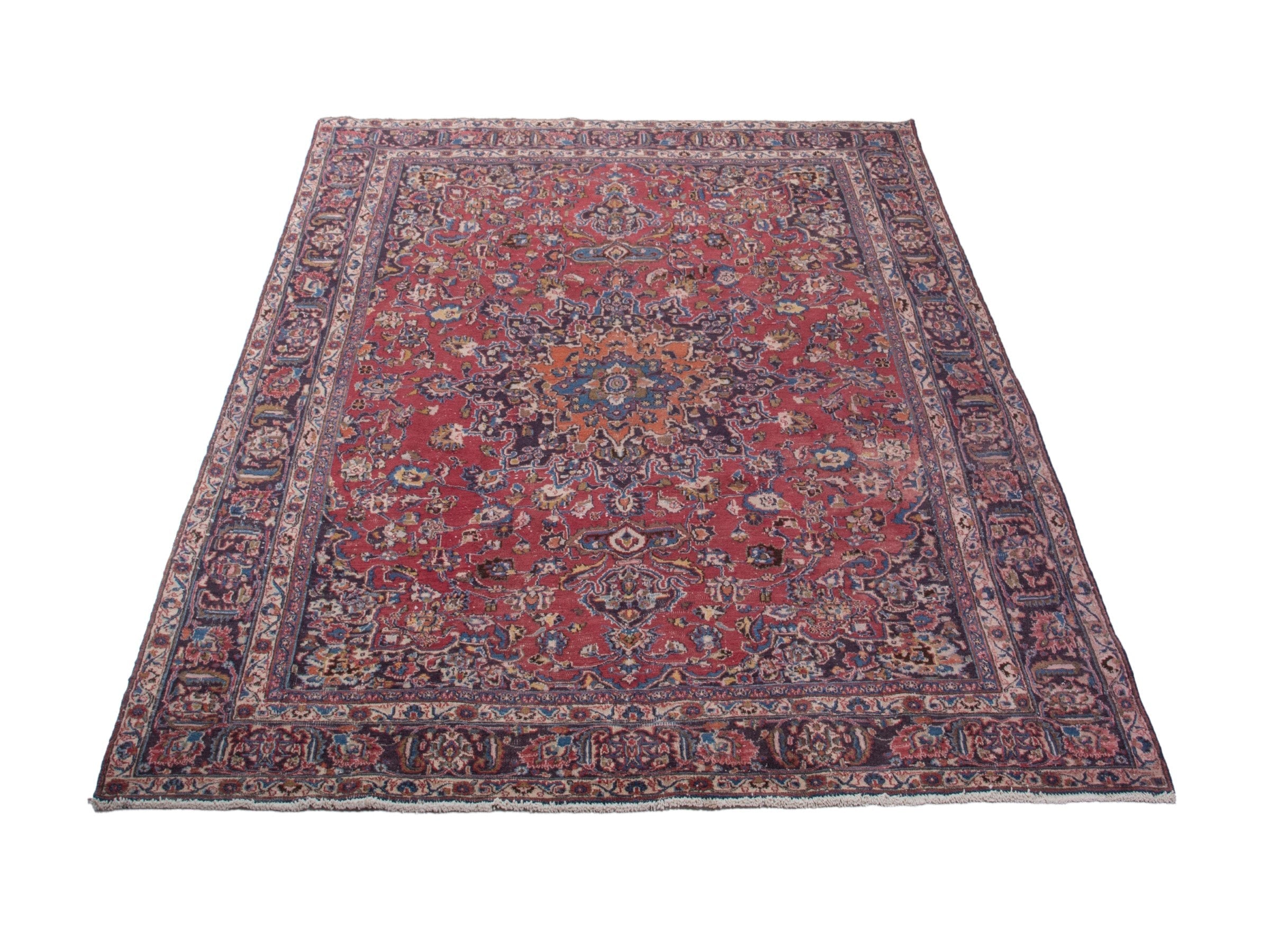 Persian Mashhad oversized rug in burgundy and navy, view 3 of 18