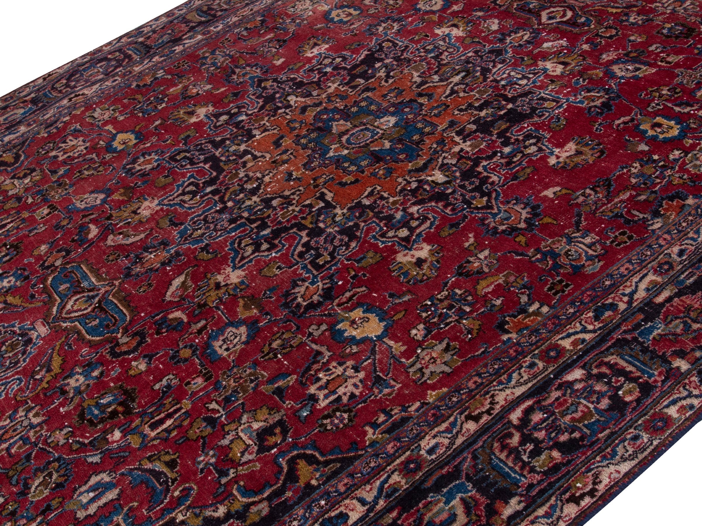 Persian Mashhad oversized rug in burgundy and navy, view 4 of 18