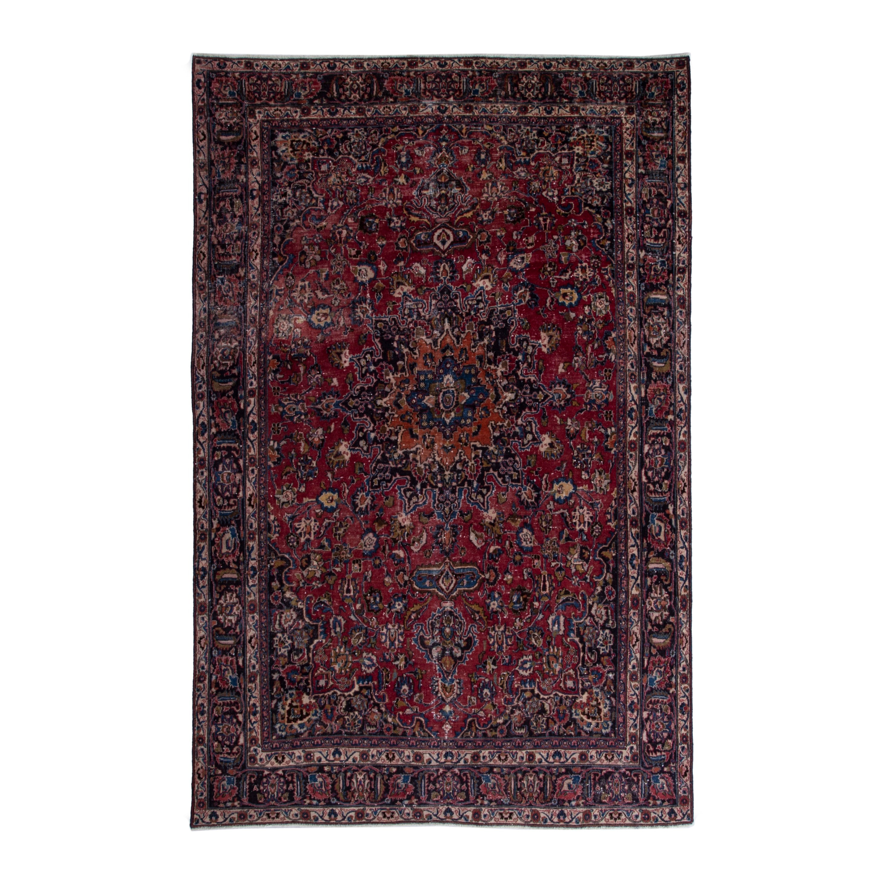 Persian Mashhad oversized rug in burgundy and navy, 7'10" x 11'2"