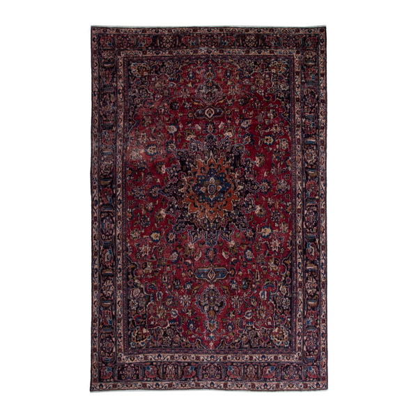 Persian Mashhad oversized rug in burgundy and navy, 7'10" x 11'2"