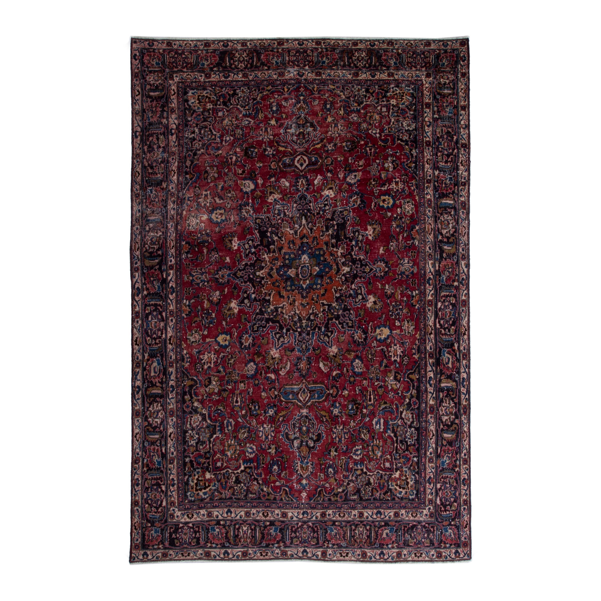 Persian Mashhad oversized rug in burgundy and navy, 7'10" x 11'2"