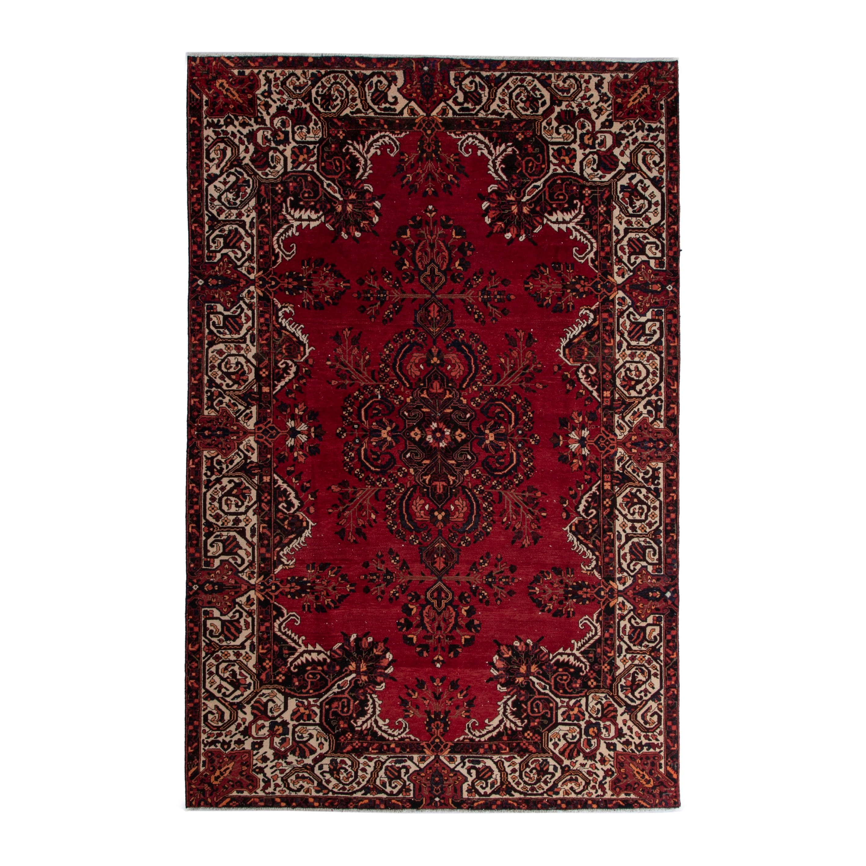 Persian Bakhtiari oversized rug in deep red and cream, 7'3" x 10'10"