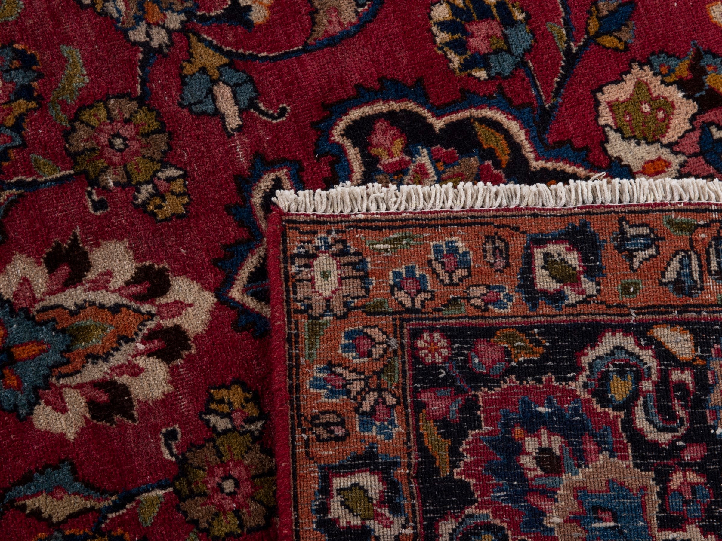 Persian Mashhad oversized rug in burgundy and navy, view 10 of 10