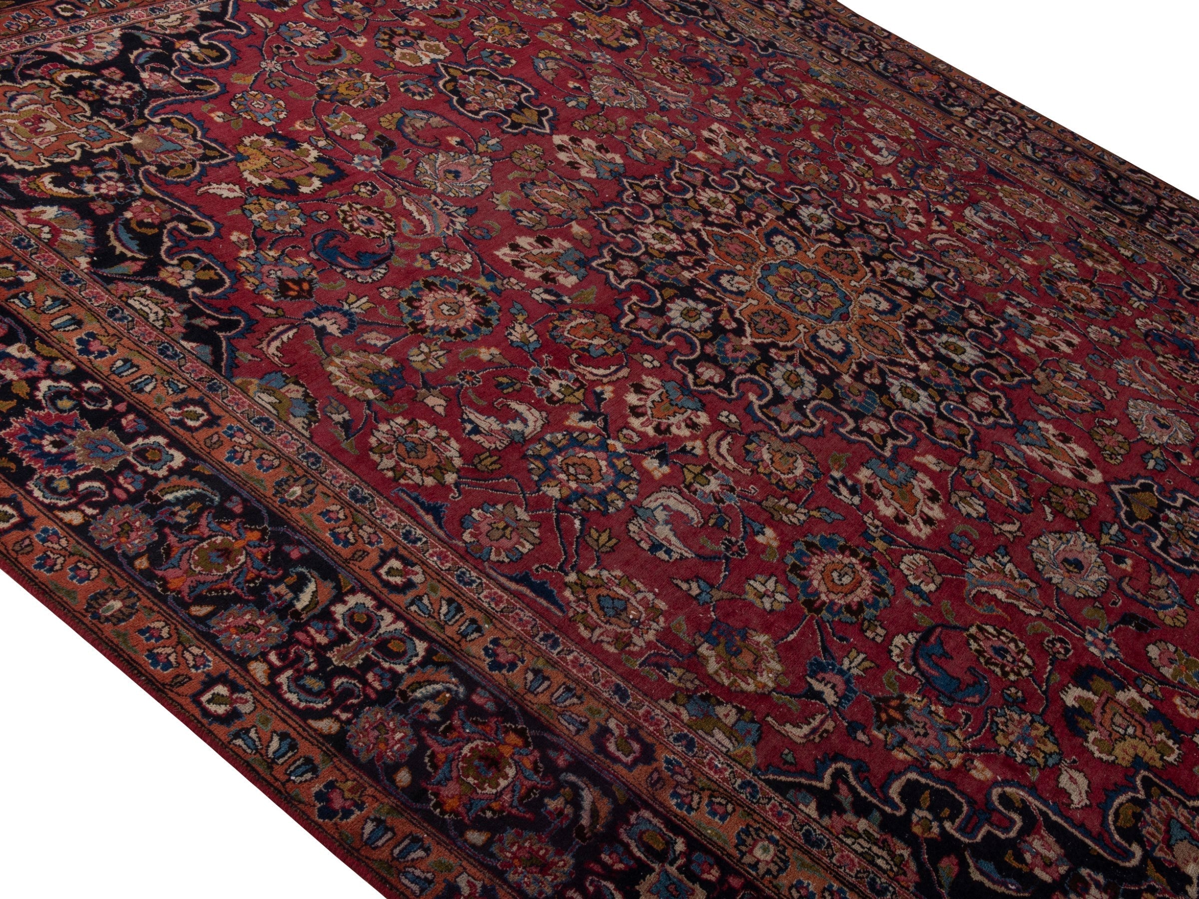 Persian Mashhad oversized rug in burgundy and navy, view 2 of 10