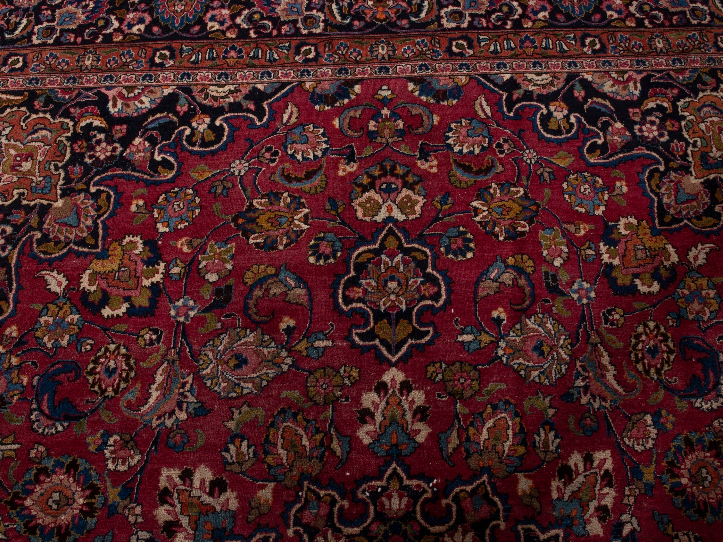 Persian Mashhad oversized rug in burgundy and navy, view 6 of 10